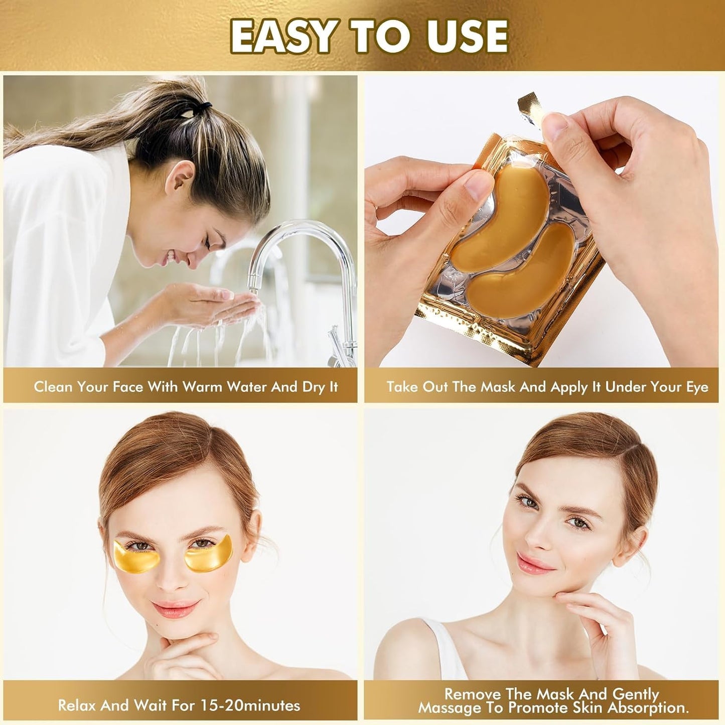 Lanboo Under Eye Gel Patches, 20 Pairs - Golden Eye Mask with Amino Acid & Collagen, Cooling Eye Care for Wrinkles, Puffy Eyes & Dark Circles, Skincare Treatment for Men & Women, USA Tested