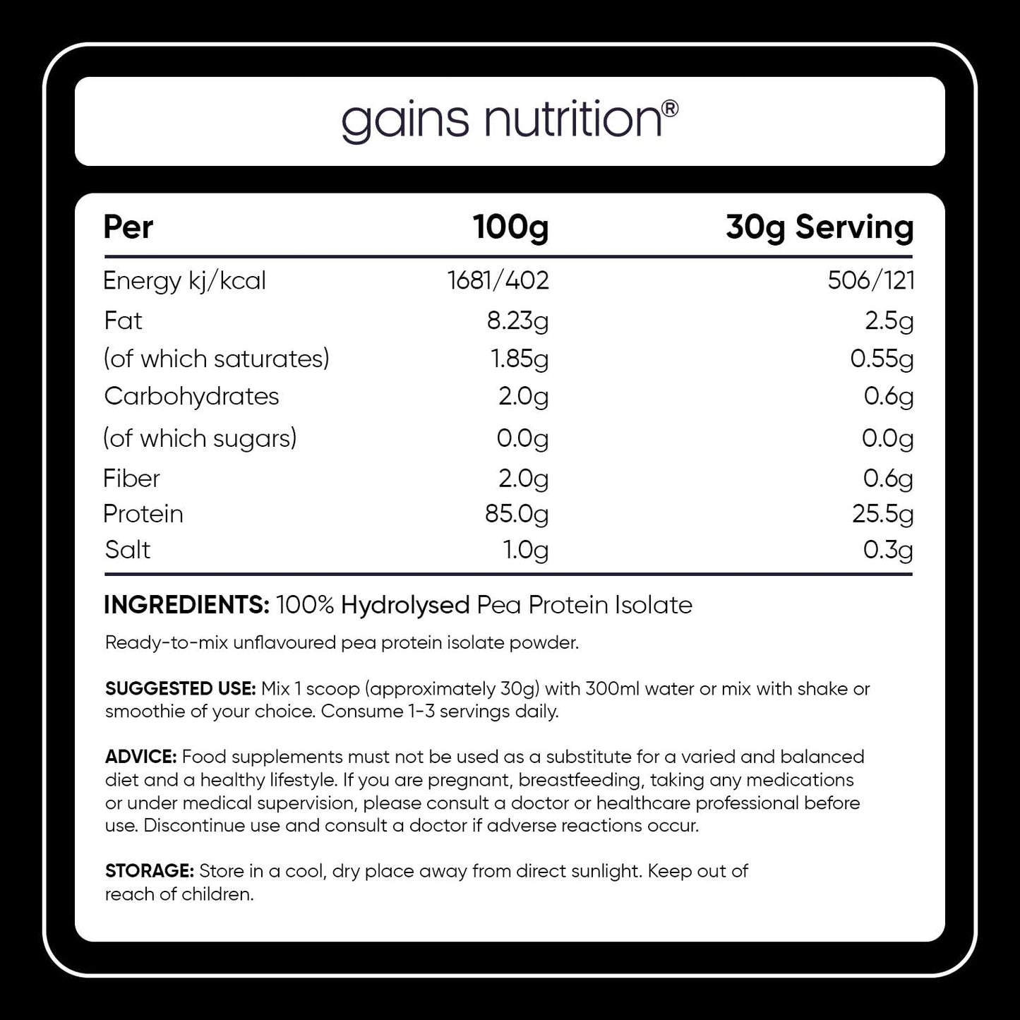 Gains Nutrition GN Vegan Hydro Pro Hydrolysed Protein Powder | 500g Unflavoured Pea - Hydrolysed Plant Based Protein-Powder | 25g per Serving | Pea-Protein Isolate | Non-GMO & Unsweetened
