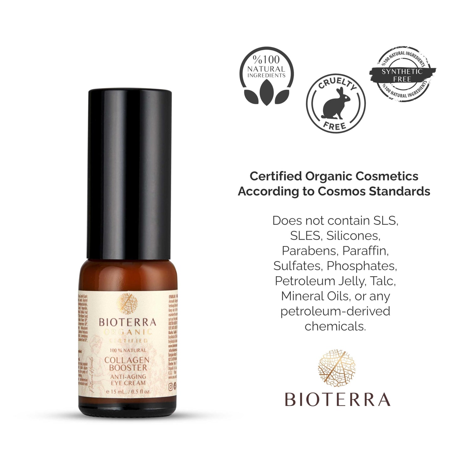 Bioterra Organic Collagen Booster Anti-Aging Eye Cream, Natural and Vegan, With Pomegranate and Rosemary Oils, 15 ml