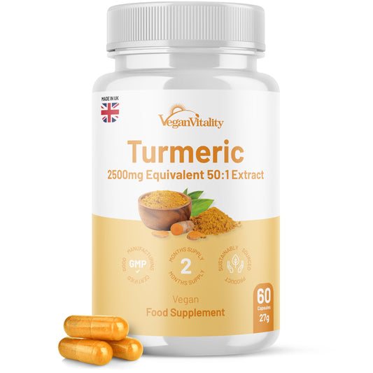 Turmeric and Black Pepper Capsules High Strength with Ginger Supplement 2500mg Equivalent - Curcumin Capsules 92%, Piperine 95%, Gingerols 5% - 60 Capsules - 2 Months Supply, 100% Vegan, GMP