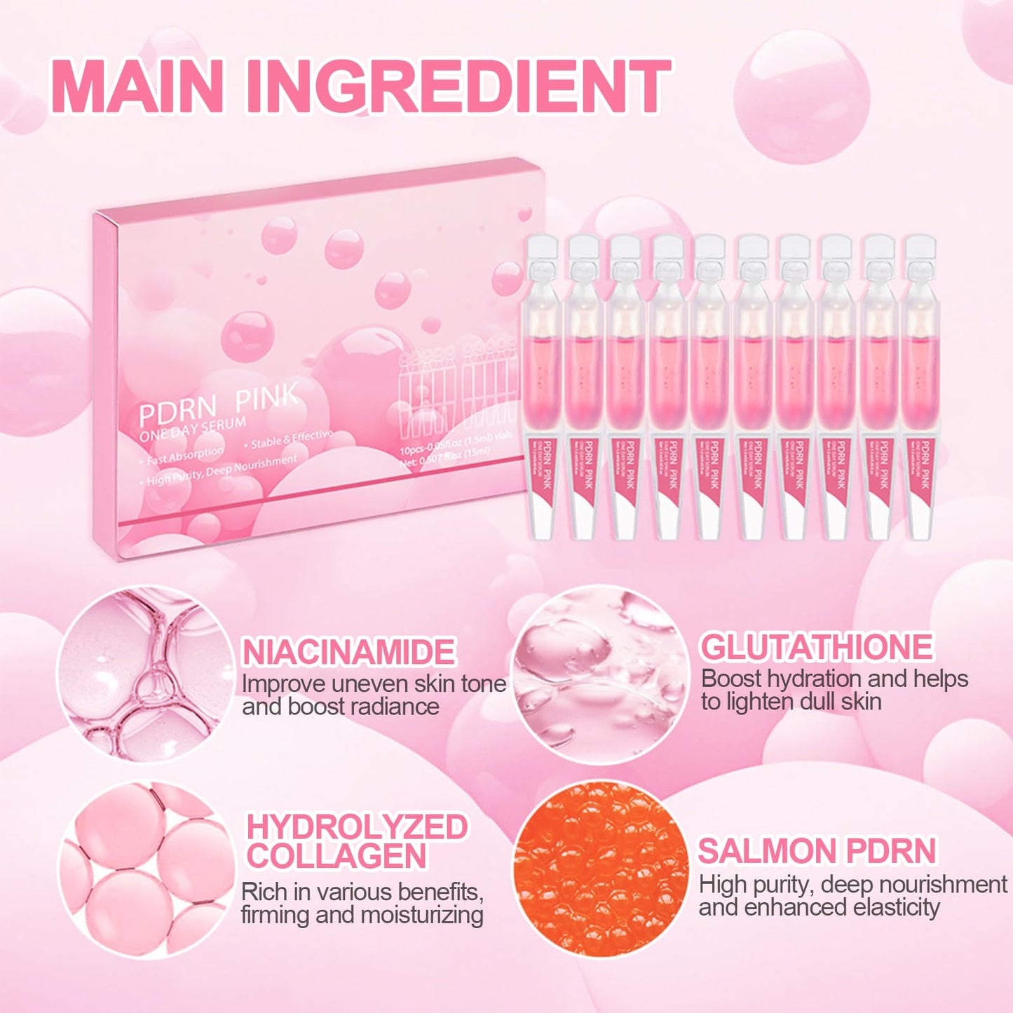 20Pcs PDRN Pink One Day Serum - Salmon DNA Repair Essence, Moisturizing & Firming Facial Treatment,Ultra Hydrating Serum with Niacinamide & Hydrolyzed Collagen, for Glowing Skin, Korean Skincare