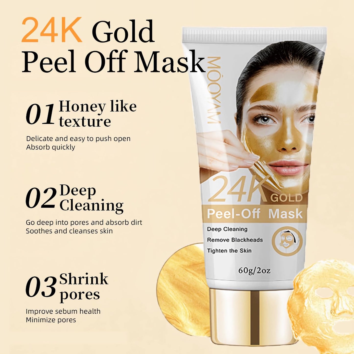 mercham 24K Gold Peel Off Face Masks, Blackhead Remover Mask, Face Masks Skincare Peel Off, Oil Control, Shrink Pores, Deep Cleansing Face Mask, Peel Off Mask for Man & Women