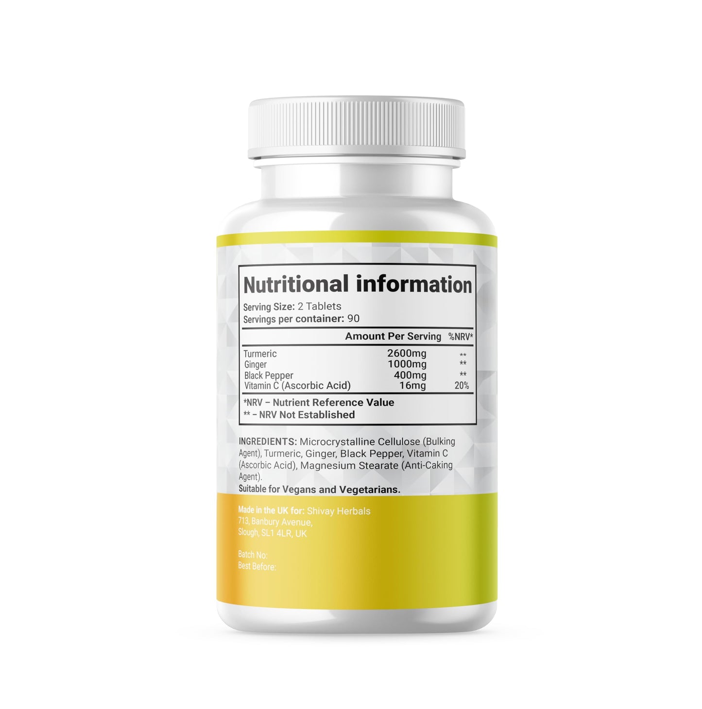 Turmeric Curcumin 2600mg Per Serving | with Added Ginger, Black Pepper & Vitamin C | 180 Vegan Tablets - 3 Month Supply | High Strength Curcumin Natural Supplement | Made in The UK | Shivay Herbals