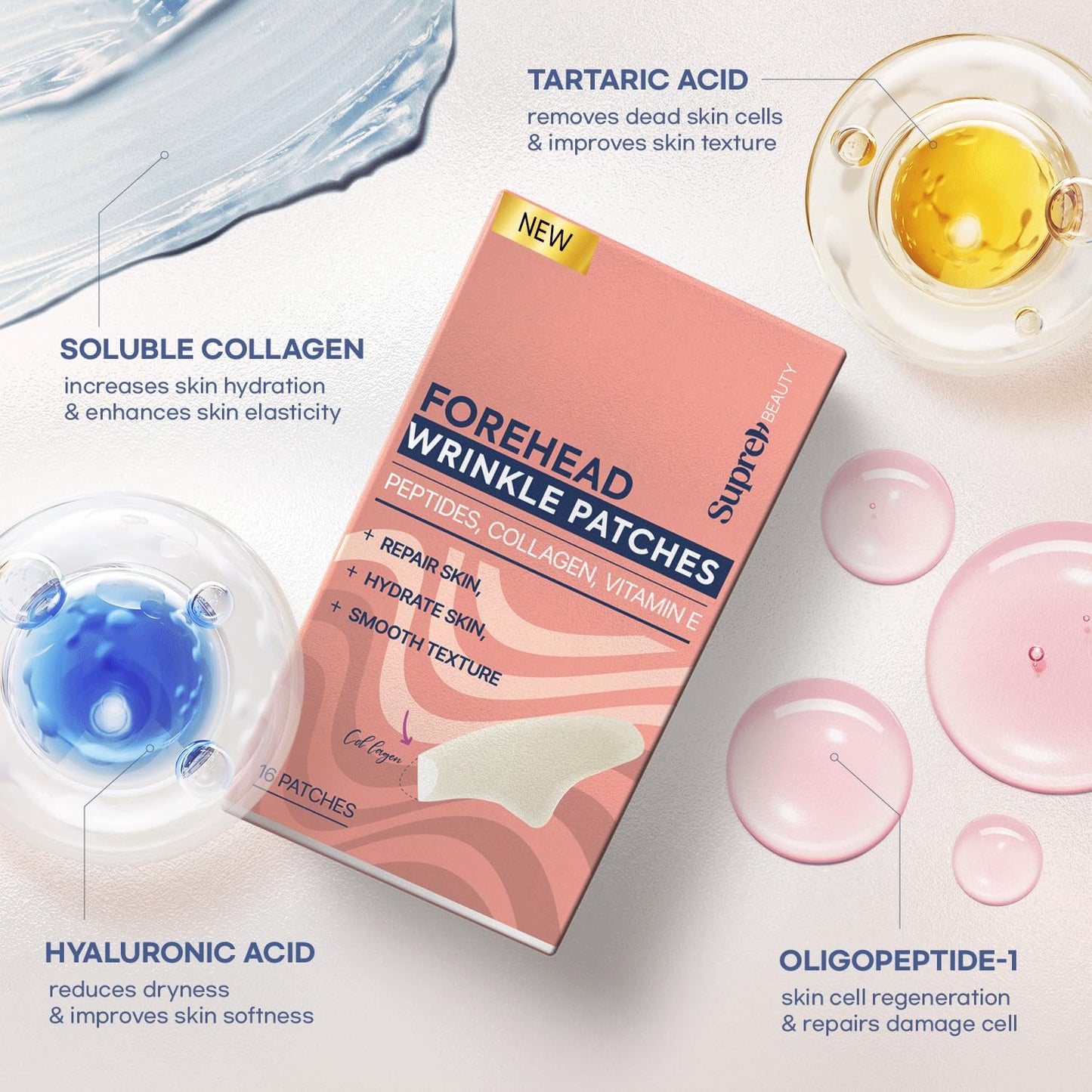 SupreH Forehead Wrinkle Patches Smoothing Overnight: Anti Wrinkle Patches for Face and Forehead Fine Lines & Frown Lines - with Peptide Collagen Hyaluronic Acid 10