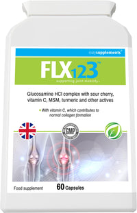 FLX123 FLX 123 - Vitamin C, Turmeric, Glucosamine, Ginseng, Rosehip, Ginger Root, Montmorency Cherry. Super Strength Formulation Helps to Maintain Joint Health, Mobility and Hydration. Turmeric Tablets.