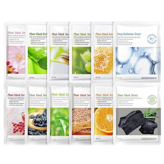 wimony 12pcs Moisturising Sheet Face Mask, Sheet Masks Multipack for Purely Natural Plant and Fruit Organic Extracts Moisturizing Repairing, Face Masks Skincare Sheet with Firming Brightening