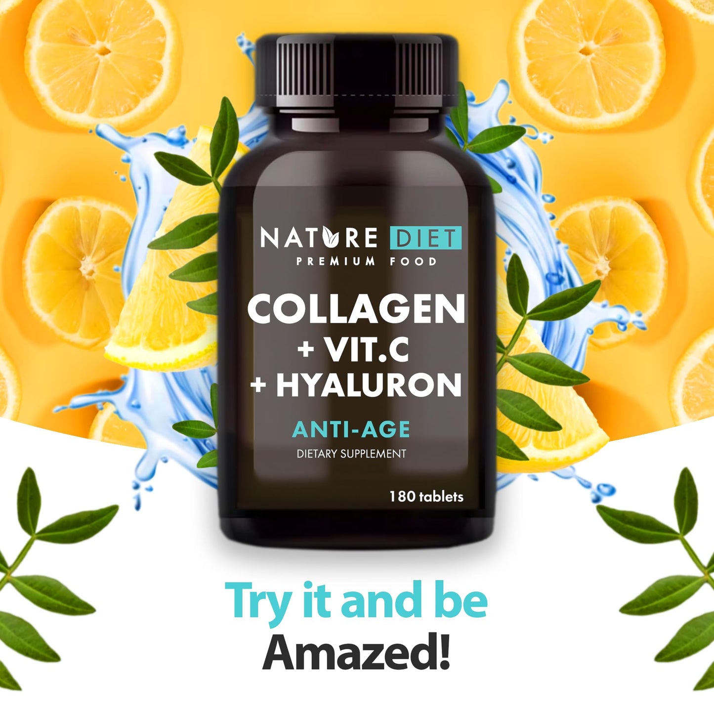 Nature Diet - Collagen with Hyaluronic Acid and Vitamin C, 180 Tablets, 500 mg , Anti Ageing , Hydrolyzed Collagen
