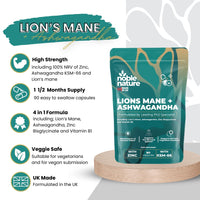 NobleNature Noble Nature 267mg Lions Mane + 250mg Ashwagandha KSM 66 4-in-1 Formula – with 10mg Zinc Bisglycinate and 1mg Vitamin B1 Capsule Supplement – Adaptogens for Calm Brain, Stress, Mood, & Health (90)