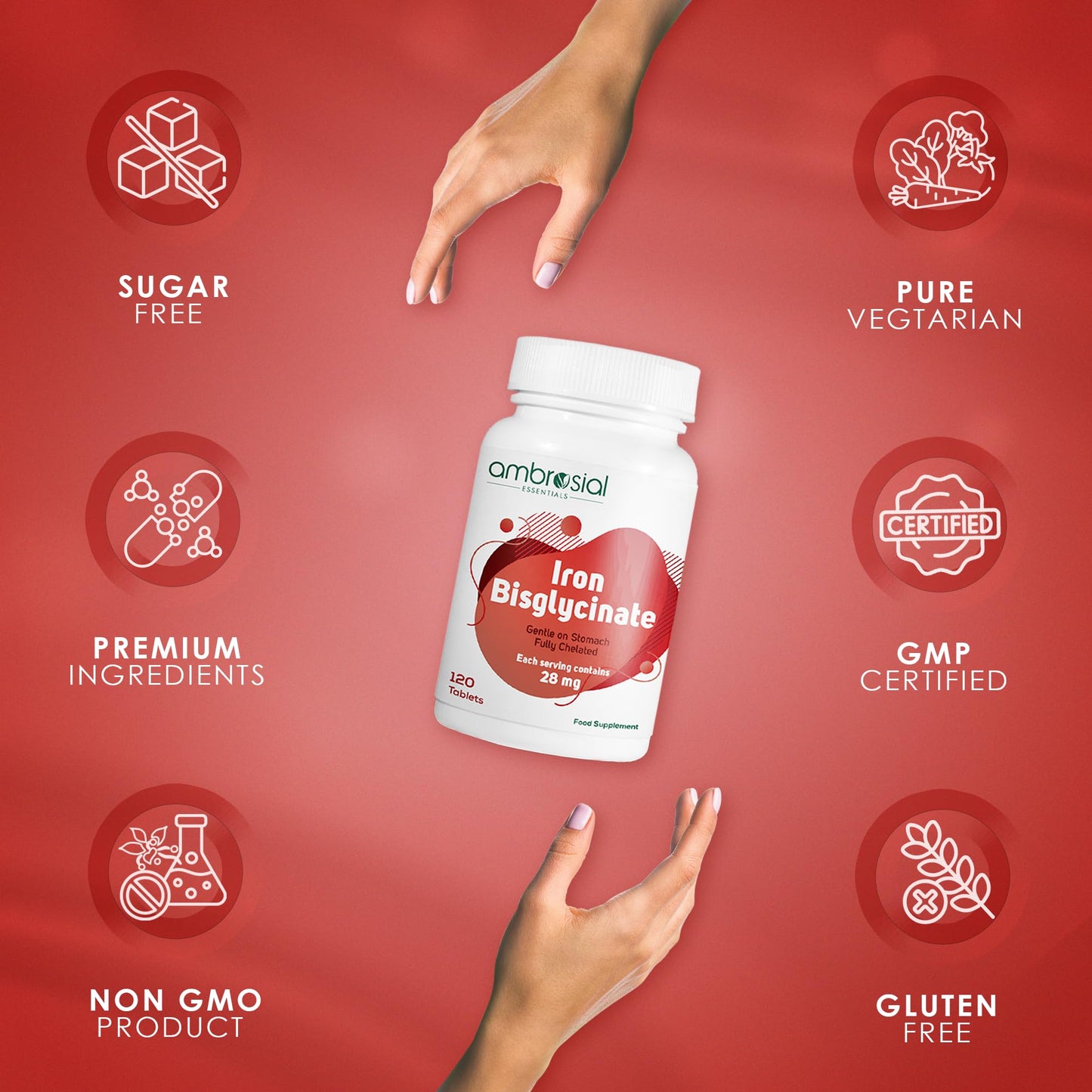 AMBROSIAL Ambrosial Iron Bisglycinate high Absorption Iron Supplements 28mg- Gluten Free Iron Supplements, Tiredness and Fatigue High Strength Iron Tablets | Iron Supplements for Women and Men- 120 Tablets