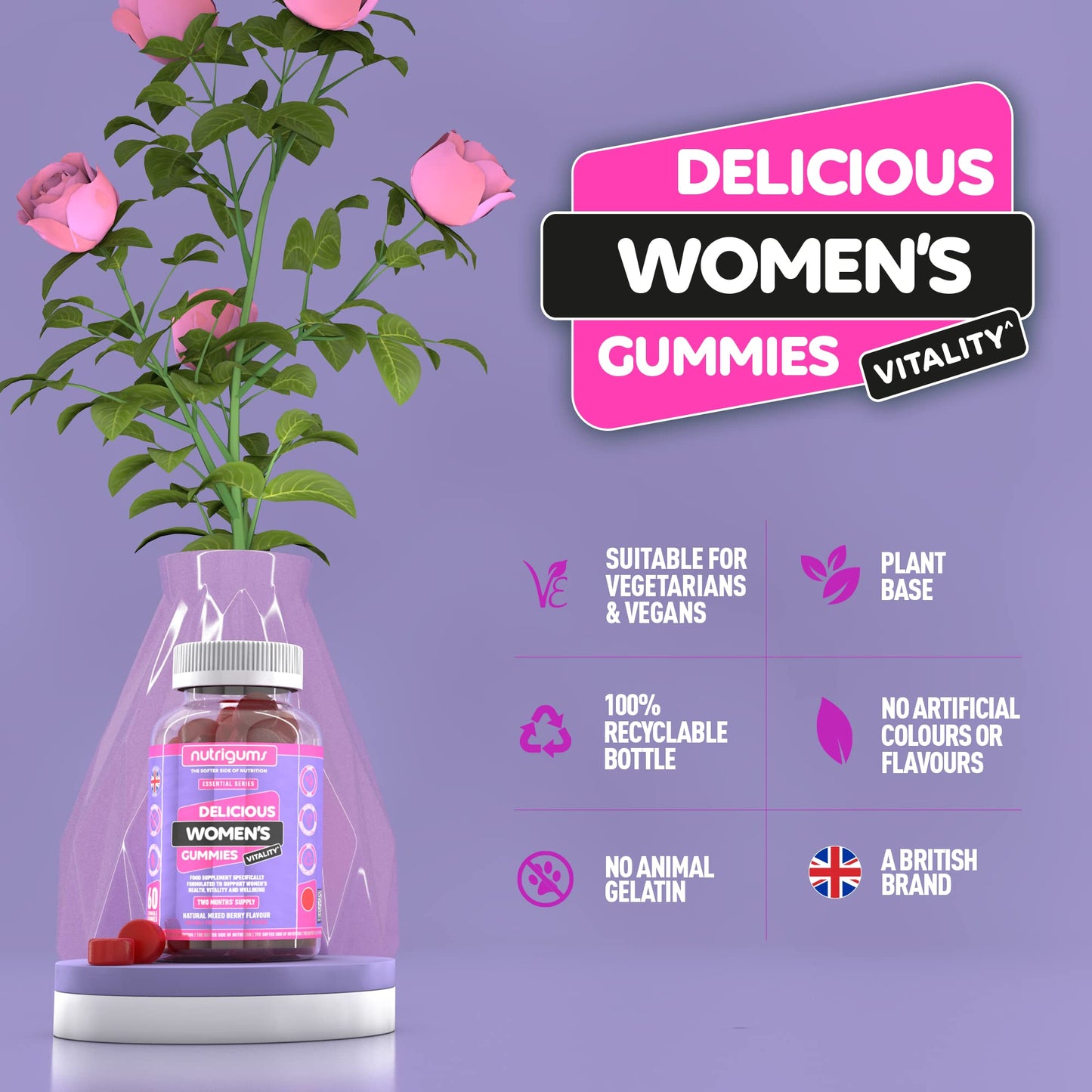 Women's Vitality | Multivitamins + Probiotics 60 Vegan Gummies | Contains 19 Active Nutrients. Gut, Bones, Energy, Hair, Skin, Vision & Immunity. Suitable for 12+ Years by NUTRIGUMS®