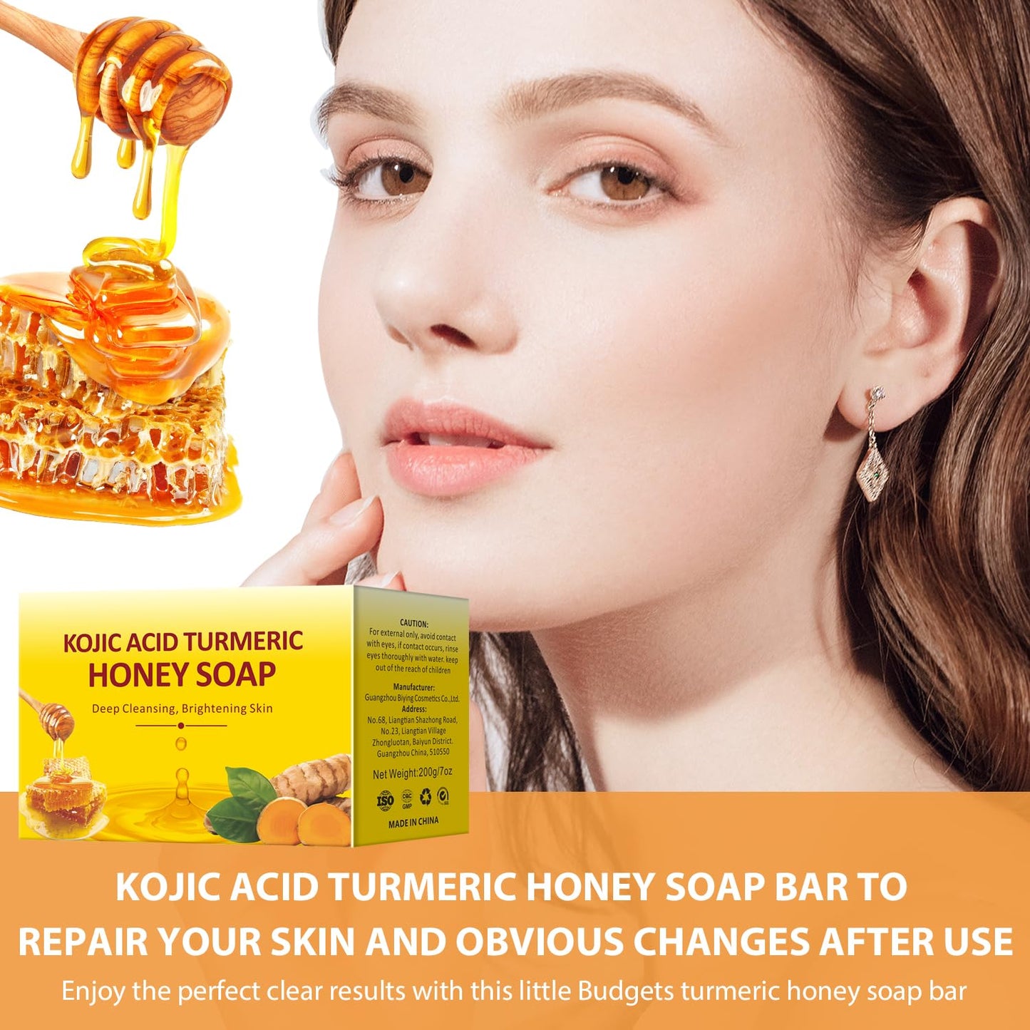 IREV Kojic Acid Turmeric Soap with Honey For Face and Body, Kojic Acid Soap For Dark Spot, GlowingTurmeric Soap Bar for Acne Face Soap Bar For Cleansing Exfoliating Daily Face Wash 200g