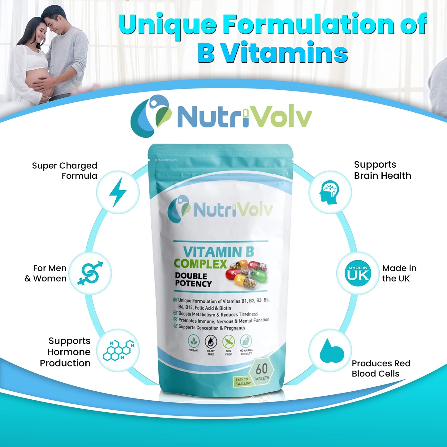 Vitamin B Complex Supplements with B Vitamins Including high strength B12, B1, B2, B3, B5, B6, B7, B9, Biotin & Folic Acid- Support Healthy Energy Metabolism | 60 Tablets