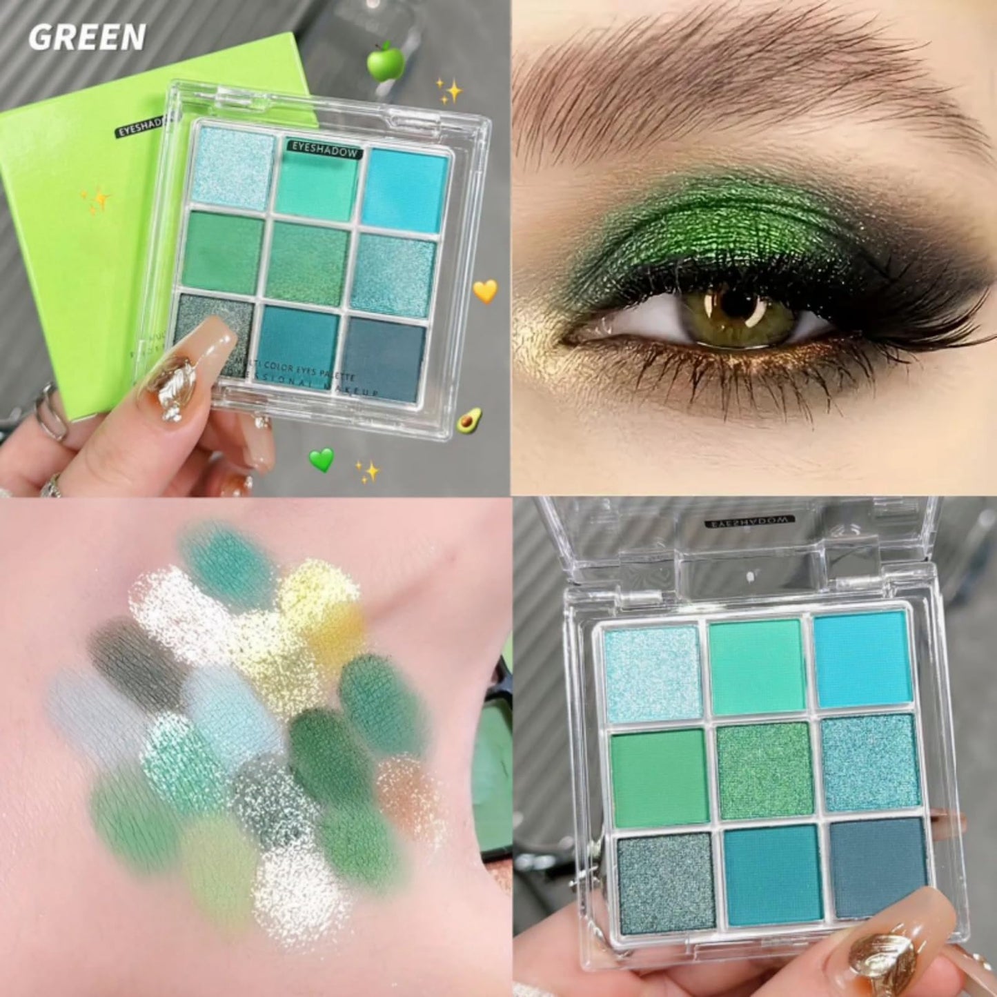 HIVETZ Green Eyeshadow Palette,Shimmer Eye Shadow Palettes,Glitter Eye Shadow Makeup,Glitter and Matte Eyeshadow,Green Eyeshadow,Highly Pigmented Eye Shadow Green,Eye Shadow Pallets with 3 Eyeshadow Brushes