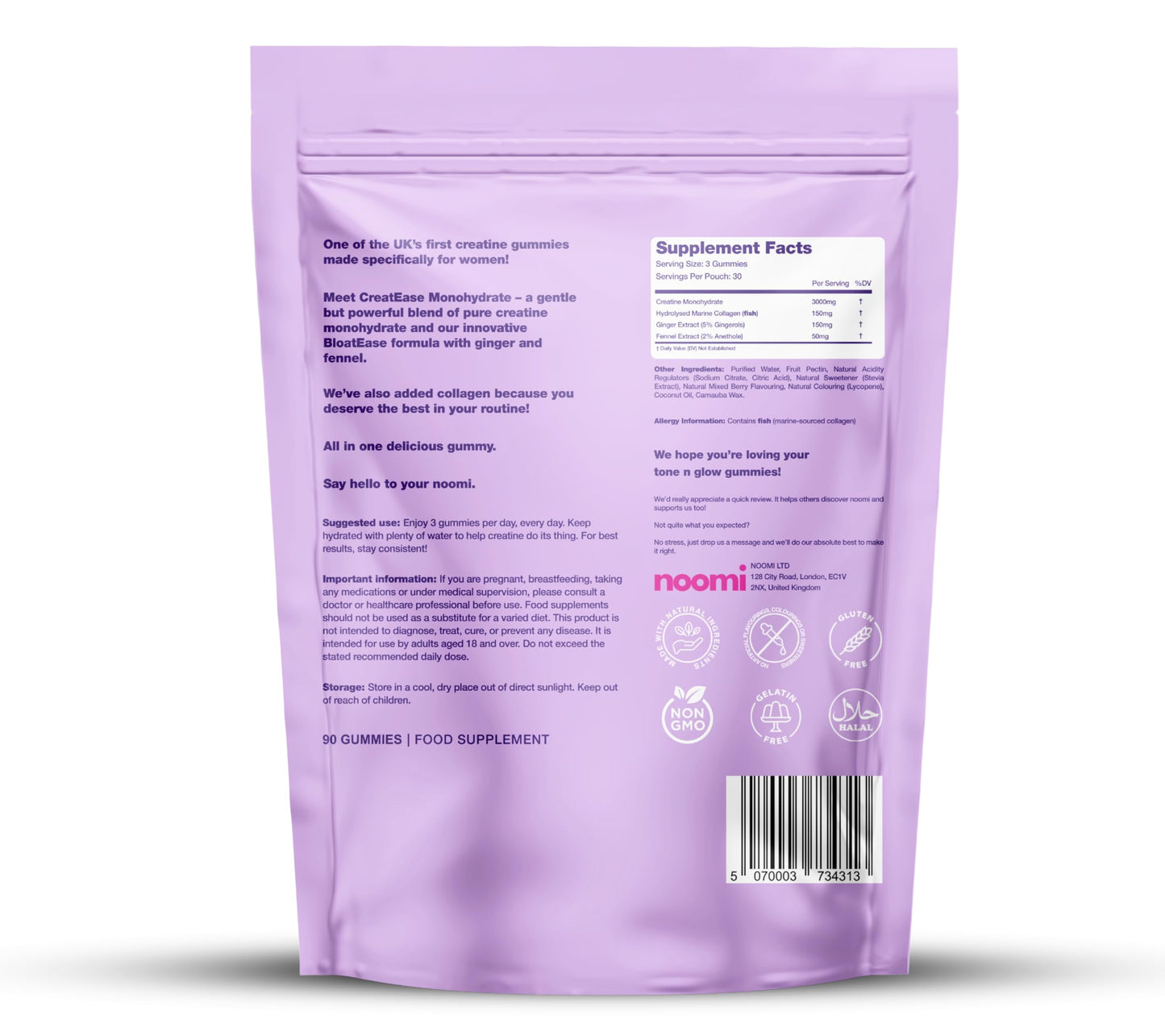 Creatine Gummies for Women with Collagen – Creatine Monohydrate + Collagen Gummies for Women – Pre Workout Chews for Glow, Strength & Focus – 1 Month Supply – Berry Flavour – noomi Tone n Glow