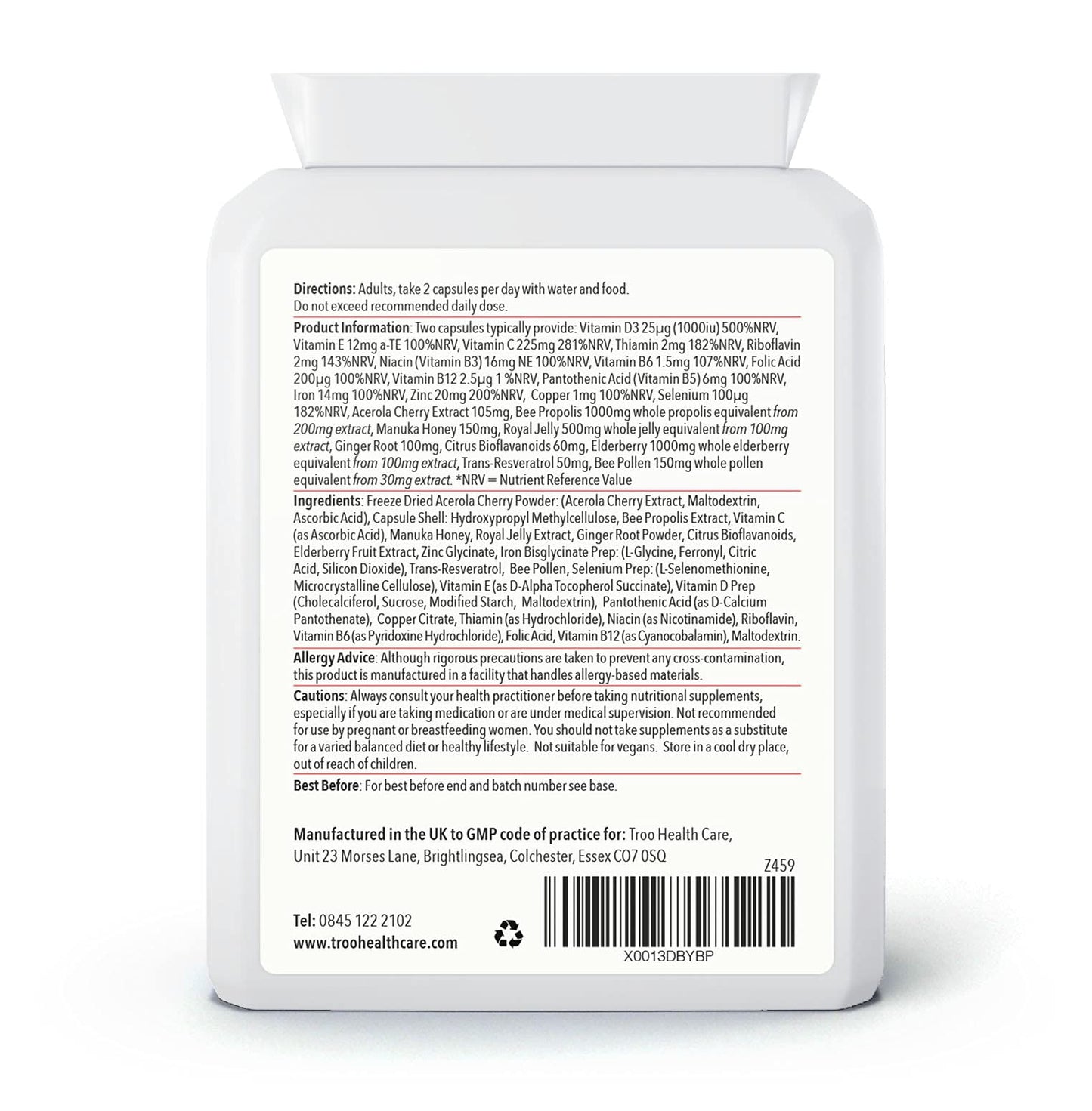 Troo Health Care Tr-Immuno Immune Support Supplement 60 Capsules - Essentia Immunity Vitamins Minerals & Botanicals - Vitamin C & D3 - Zinc - Manuka Honey - Bee Pollen - Royal Jelly - Elderberry