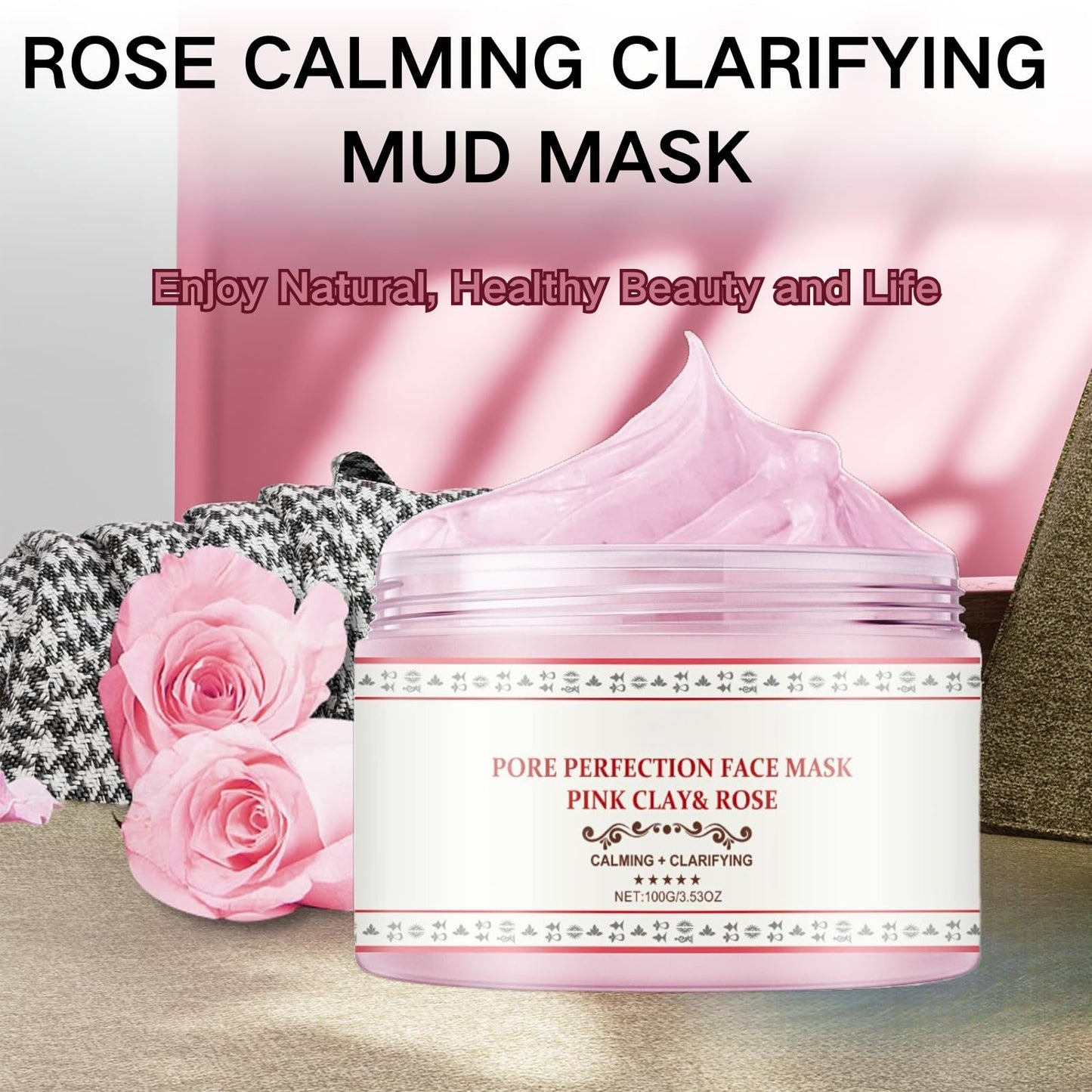 Pink Clay Mask | Organic Face Masks for Women | Rose Calming Clarifying Mud Mask | Clay Face Mask with Bentonite & Kaolin Clay | Pore Minimizer, Deep Cleansing & Hydrating Facial Skincare