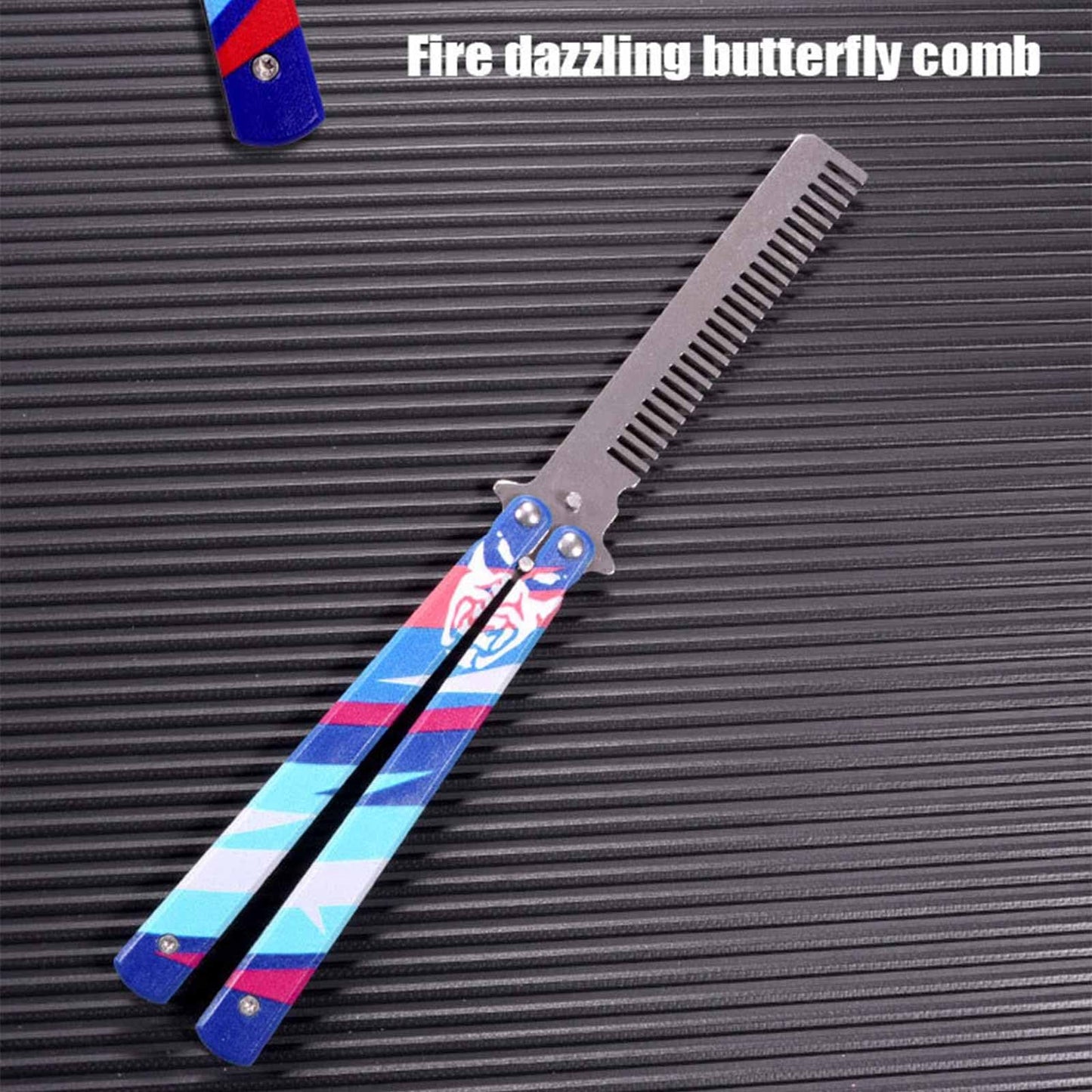 Butterfly Comb, Stainless Steel Folding Practice Combs, 3D Color Printing Tactical Butterfly-Open Pattern Trainer for Sport Outdoor Use (Blue)
