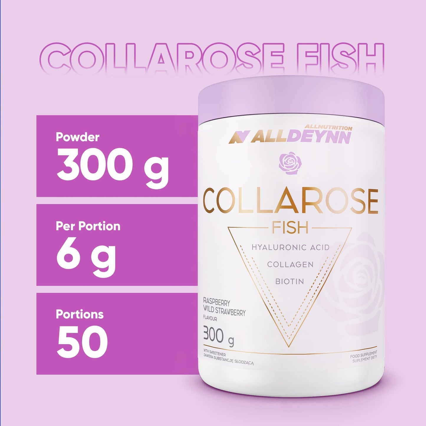 ALLDEYNN Collarose Fish Collagen Powder - Fish Collagen Hydrolysate with Hyaluronic Acid, Biotin - Anti Aging Skin Treatment - Hair Supplements - 300g - Orange