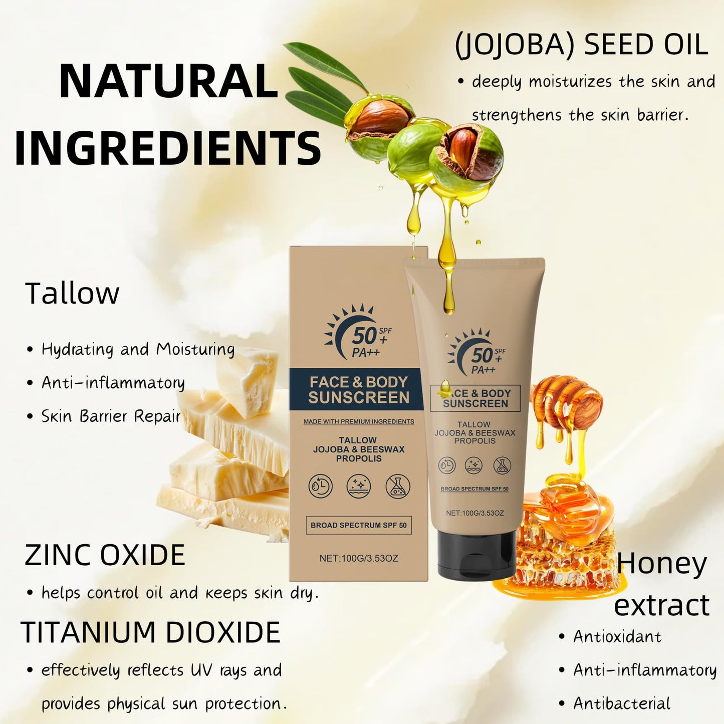 IZBEAUVO Beef Tallow Sunscreen SPF 50 PA++, Tallow Sun Cream, Organic Natural Beef Tallow Sunblock for Face, Hydrating Non-Greasy Travel Size Face & Body Sun Cream, UVA/UVB Protection, Water-Resistant