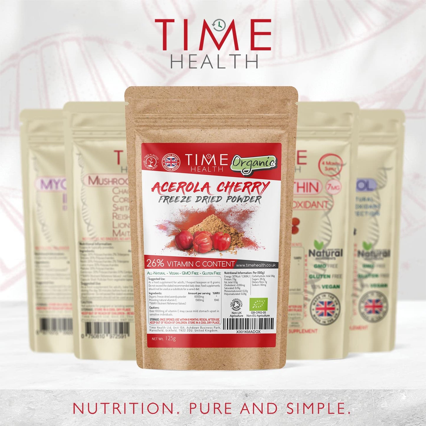 Organic Acerola Cherry - Freeze Dried Powder - Natural & Wholefood - 26% Vitamin C - 44:1 Extract Ratio (125g Powder Pouch)