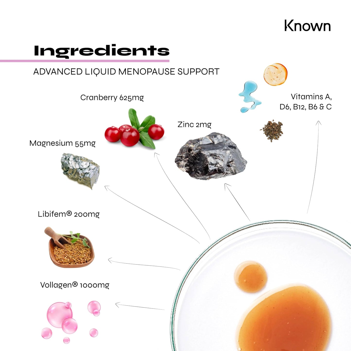 Known Advanced Menopause Support Liquid Bottle - Libifem® & Vollagen® - Supports Menopause Symptoms - Natural Orange & Honey Flavour - 14 Servings