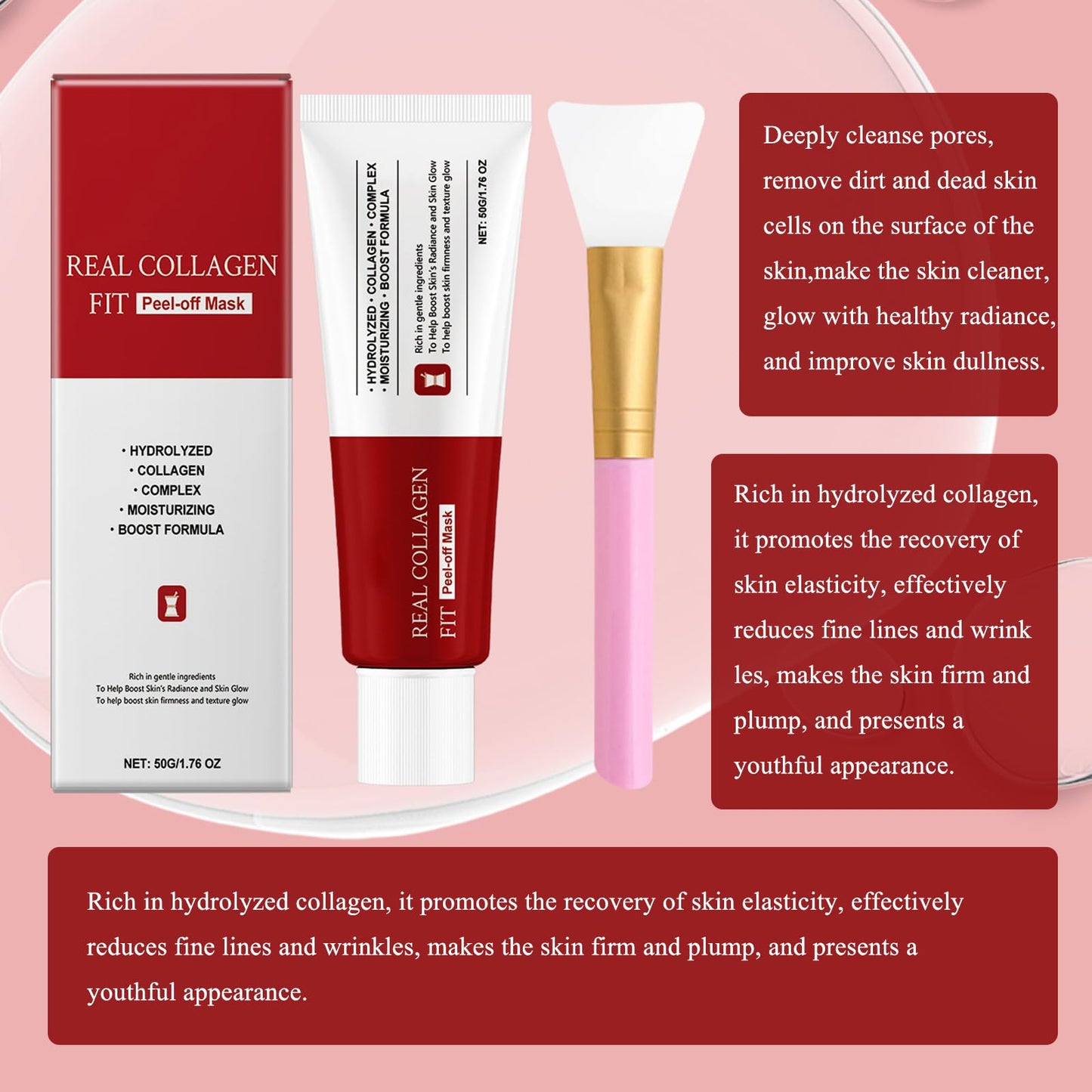 ExcellaElite 2 PCS Real Collagen Fit Mask, Collagen Night Mask Collagen Mask Collagen Wrapping Mask with 2 Mask Brushes Deep Hydration for Elasticity Moisturizing Glowing Glass Skin