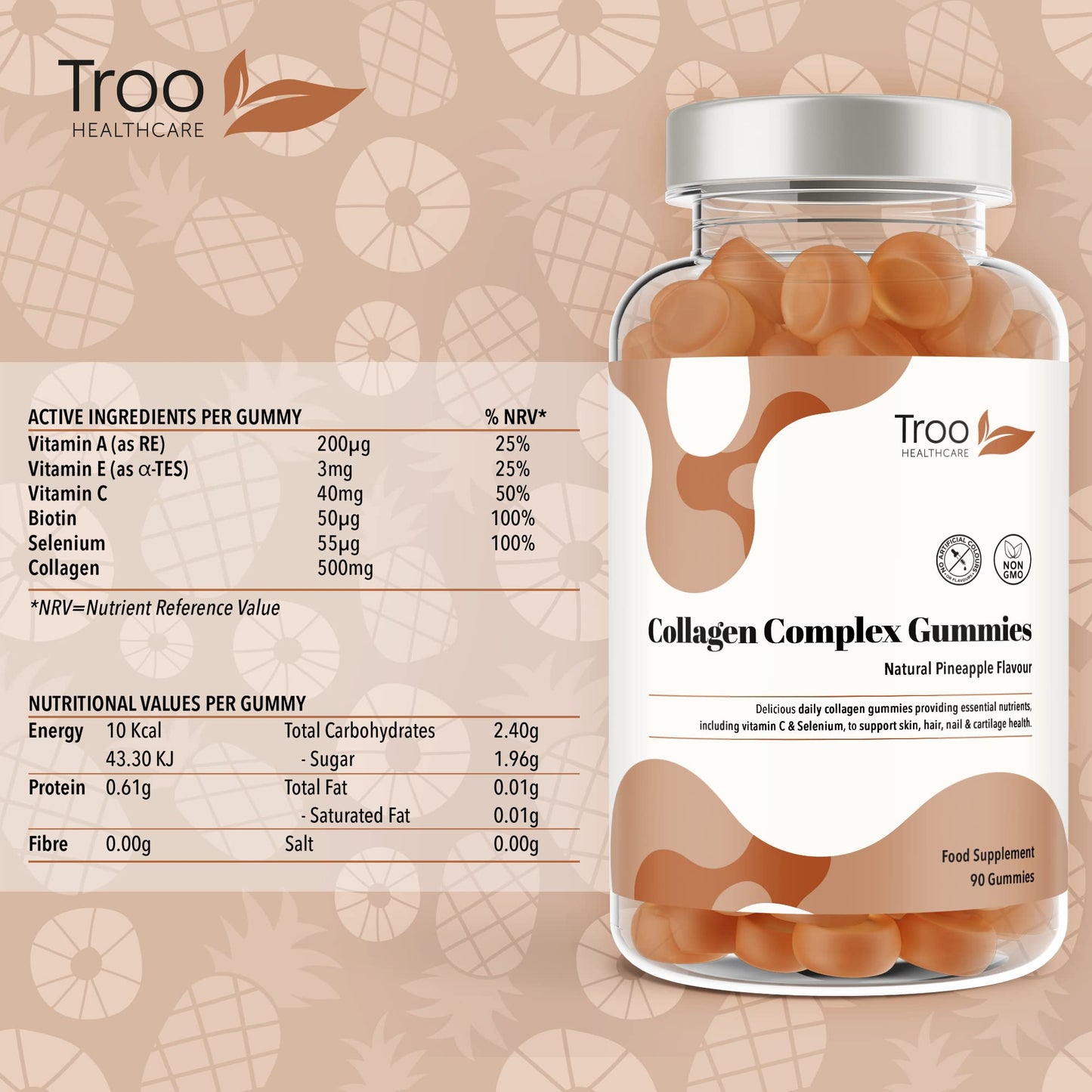 Troo Health Care Collagen Complex - 90 Natural Pineapple Flavour Chewable Gummies - One Per Day Hydrolysed Collagen with Biotin, Vitamin C and Selenium - Three Months Supply – Healthy Skin and Hair for Men and Women
