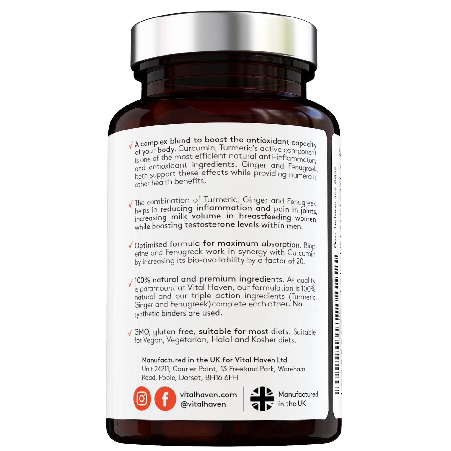 100% Natural - Triple Action: Turmeric, Ginger & Fenugreek - with Bioperine for Better Absorption - 120 Vegan Capsules - High Strength - Premium Ingredients - Made in The UK