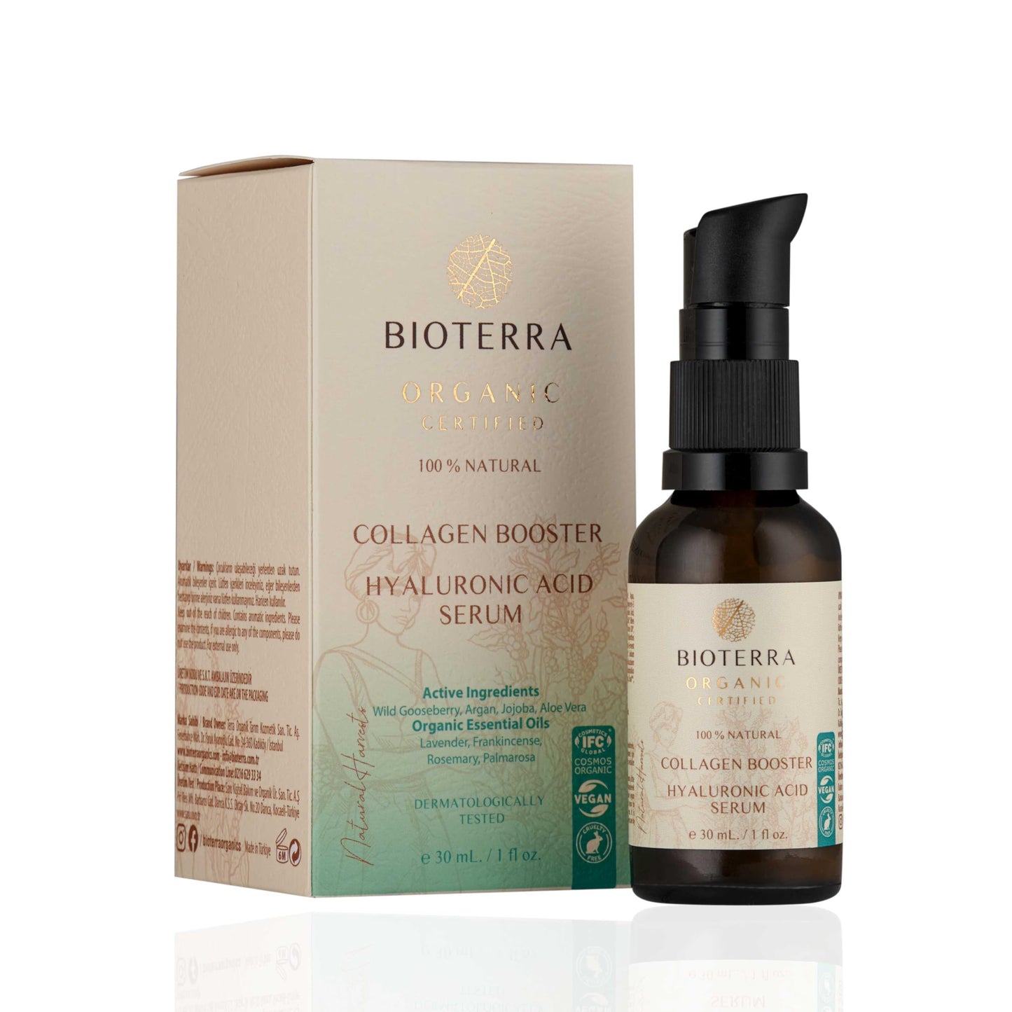 Bioterra Organic Collagen Booster Hyaluronic Acid Serum, Face Moisturiser, Natural Ingredients with Jojoba and Lavender, 30 ml