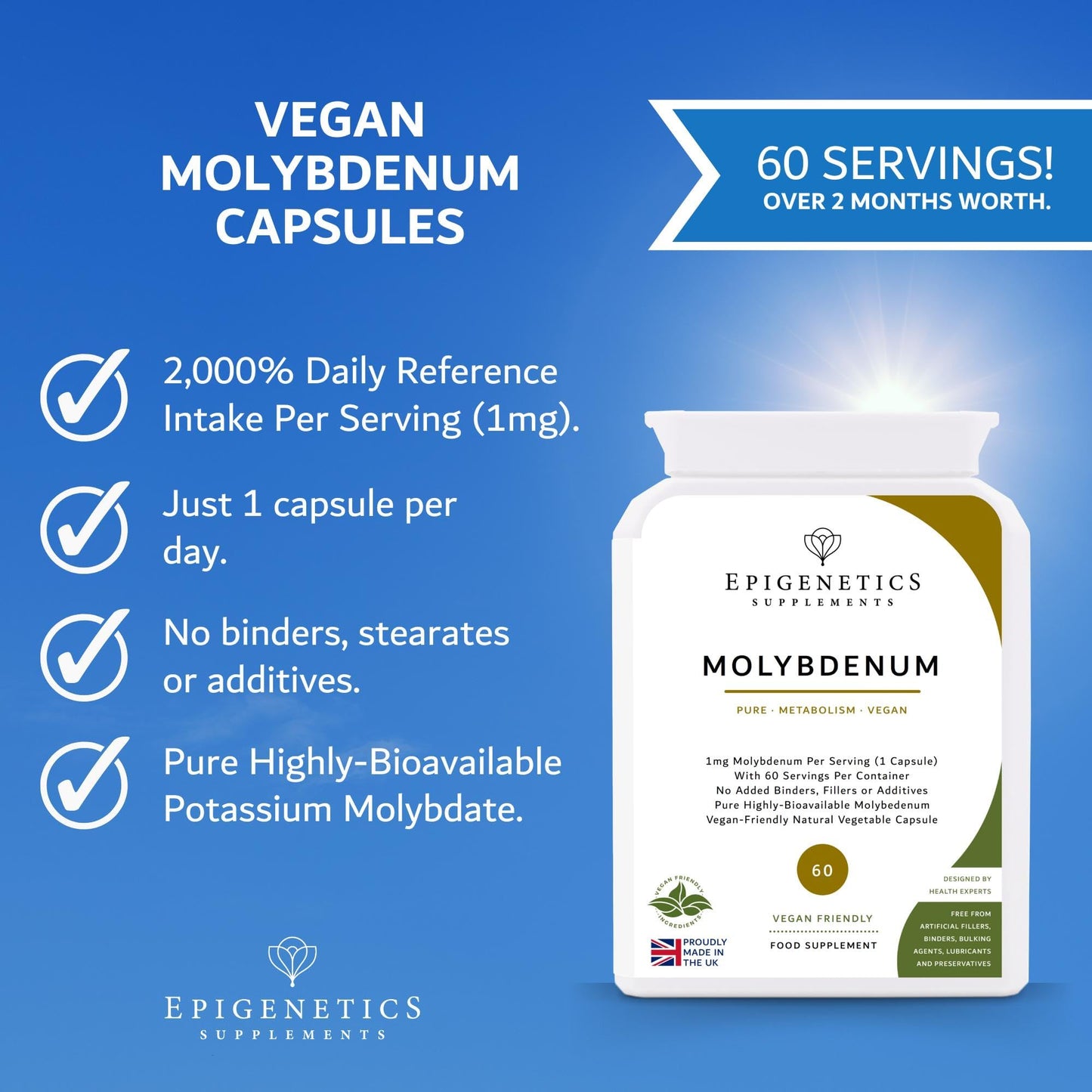 Molybdenum Capsules | Highly Bioavailable Supplement | 60 Capsules, Long 2-Month Supply Without Fillers, Binders or Additives | 1mg Potassium Molybdate Per Serving | Made in The UK & Vegan Friendly