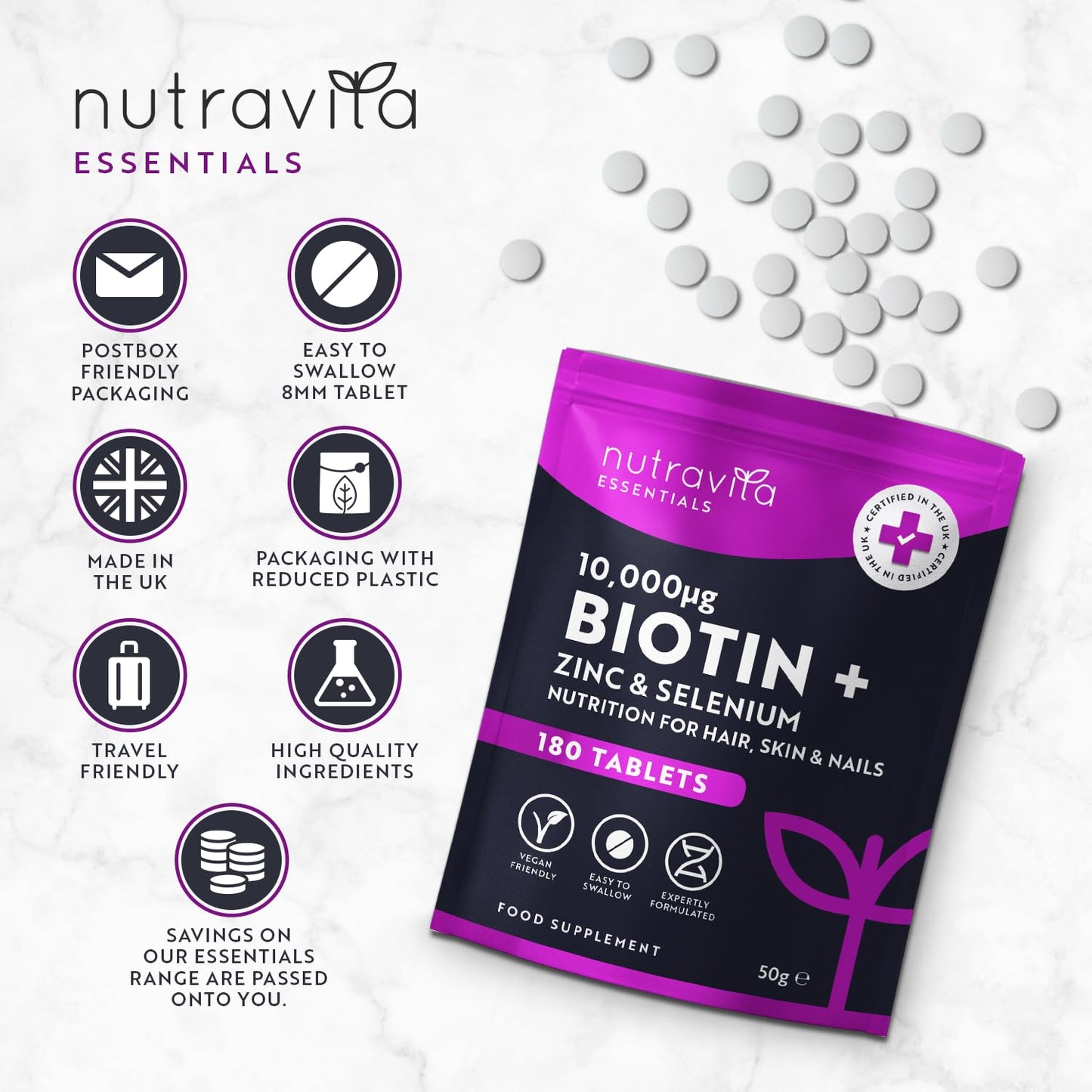 Nutravita Biotin Hair Growth Supplement 10,000mcg - Scientifically Proven to maintain normal Hair Skin & Nails - 180 High Strength Vegan Tablets with Zinc & Selenium - Biotin Vitamins for Women & Men