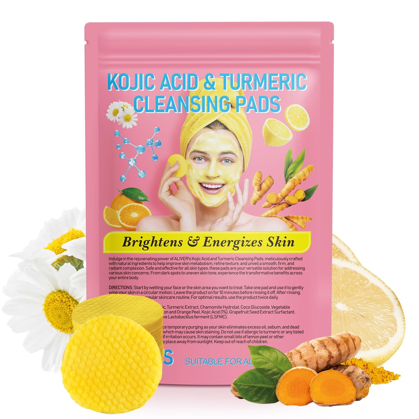 Datival Turmeric Kojic Acid Cleansing Pads, Turmeric Kojic Acid Pads Infused Foaming Exfoliating Pads, Unclog Pores, Turmeric Cleansing Pads for Dark Spots, Helps Balance Skin Oil And Water, 40 Pads