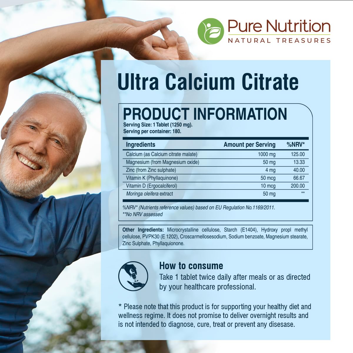 PURENUTRITION ME Pure Nutrition Ultra Calcium Citrate 1250 mg | Highly absorbable Calcium Supplement with Calcium Citrate Malate, Vitamin D, Zinc, and Magnesium | 1 Tablet Daily | Non-GMO | Gluten-Free | 180 Veg Tabs
