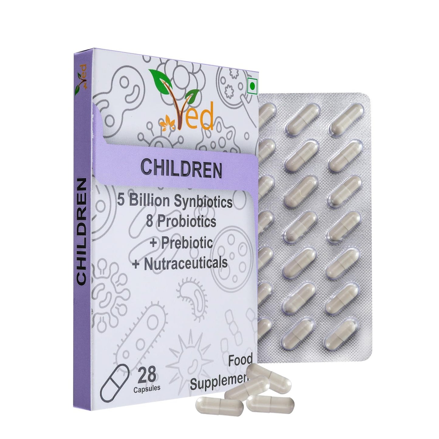 VED Children Complex Probiotics and Prebiotics Complex - 5 Billion CFU - 28 Probiotic Complex Capsules for Children - Lactobacillus helveticus, Rhamno. 28 Days Supply.
