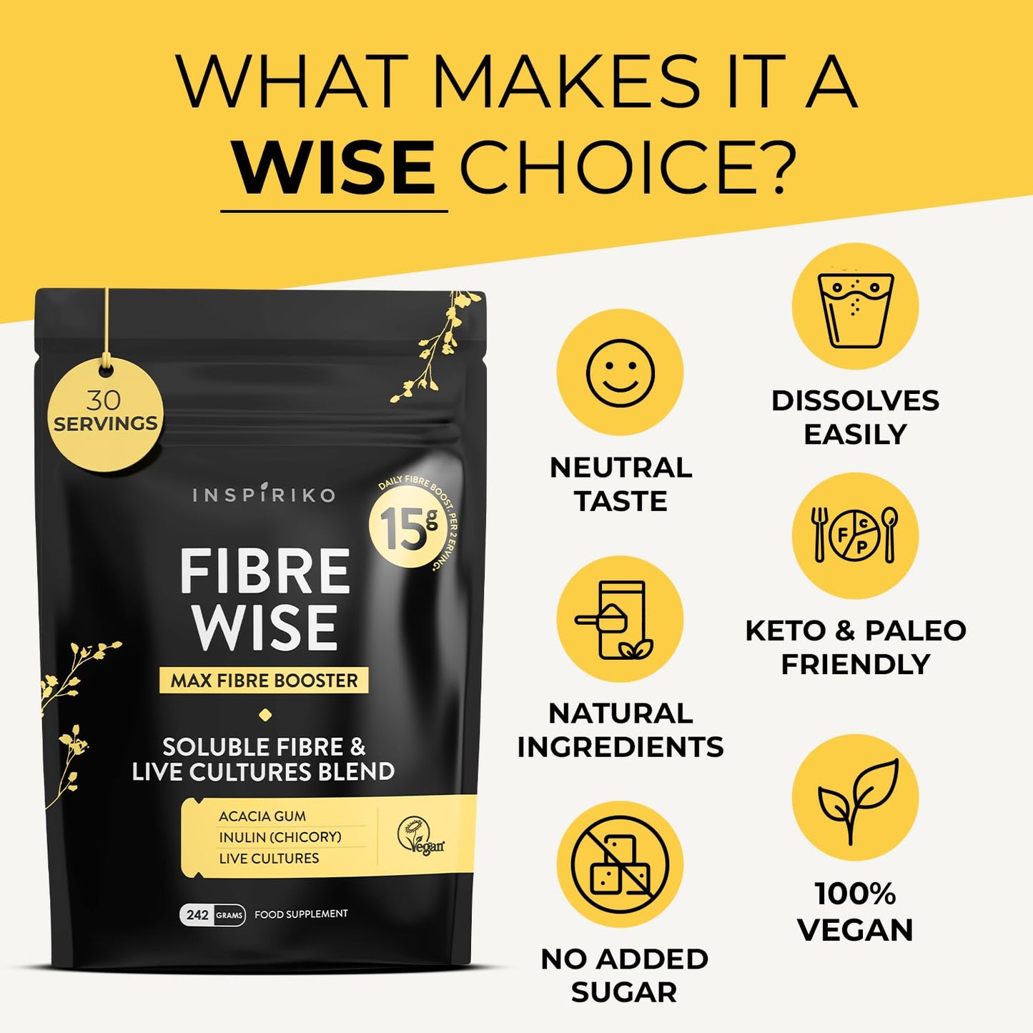 Soluble Fibre Supplement, 25% Daily Fibre, 6-in-1 Fibre Powder - Inulin, Acacia Gum, 2 Billion CFU Probiotics. Tasteless Prebiotics for Gut Health, 240 g, by Inspiriko