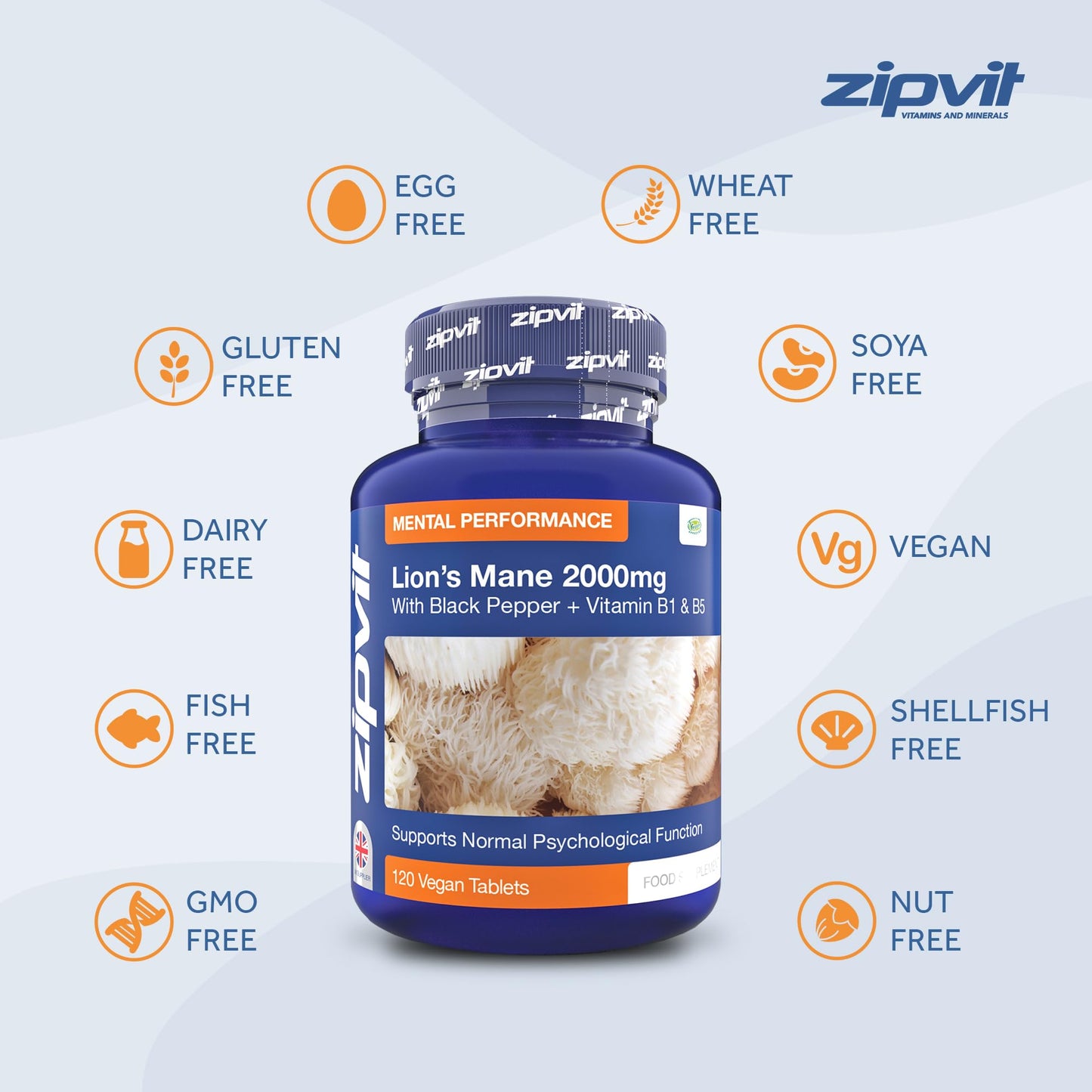 Lions Mane Mushroom Extract 2000mg, 120 Vegan Tablets with Black Pepper and Vitamins B1 & B5, Contributes to Psychological Function, Mental Performance and Reduces Tiredness and Fatigue.