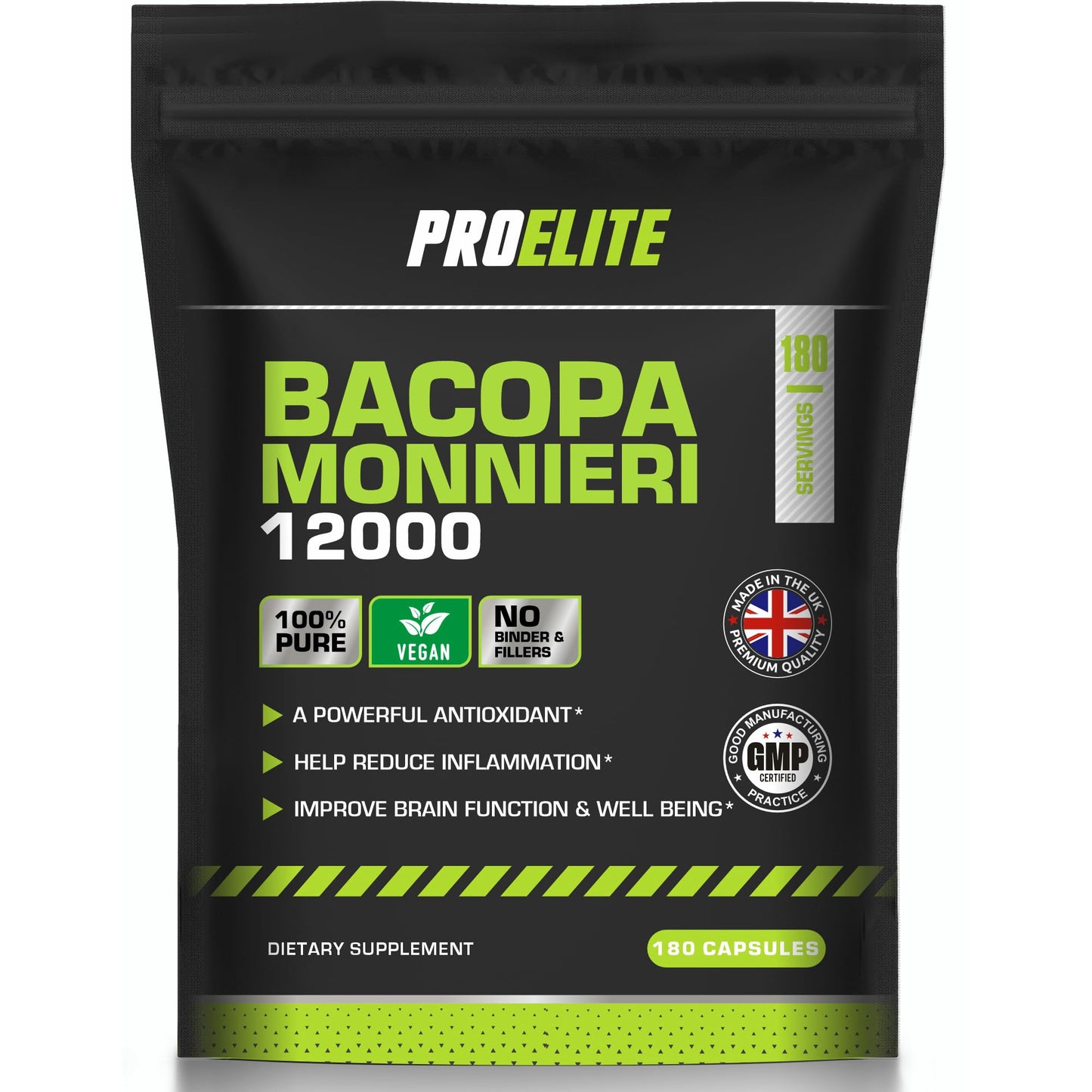 Bacopa Monnieri 12000mg Vegan Capsules High Strength Bacopa Extract 20:1 | Resealable and Recyclable Pouch | 100% Natural Brahmi Powder Non-GMO | NO FILLERS | NO Binders by PROELITE (180 Capsules)