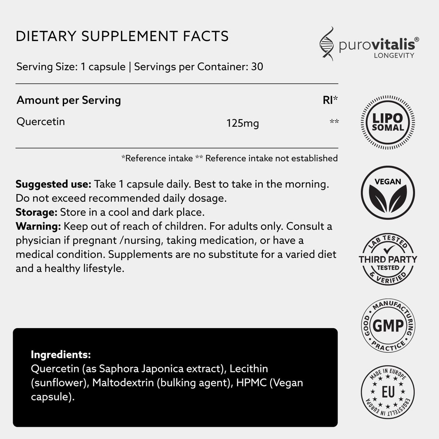 PUROVITALIS Liposomal Quercetin 125mg, 30 Servings (30 Vegan Capsules), High Purity Anti-ageing, Antioxidant Supplement