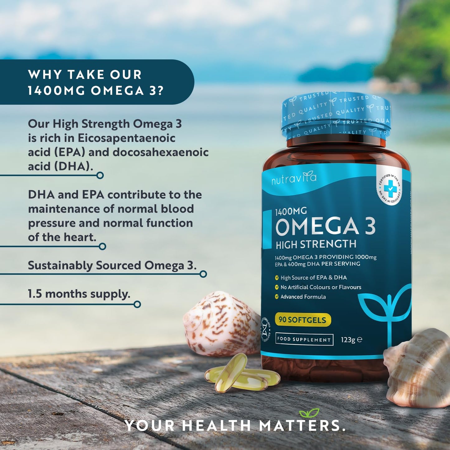 Highest Strength Omega 3 Fish Oil 2000mg - Providing 1000mg EPA & 400mg DHA per Serving - Sustainably Sourced & Contaminant Free - Made in The UK by Nutravita