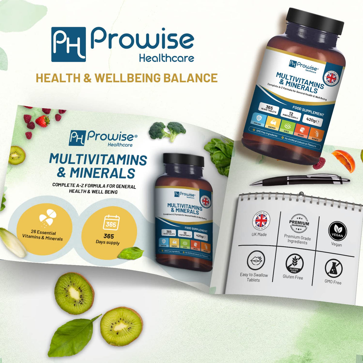 PH PROWISE Healthcare A-Z Multivitamins and Minerals I 365 Vegan A-Z Vitamins Tablets (1 Yr Supply) I 26 Essential Active Vitamins, Minerals & Micronutrients for Men & Women I Made in The UK by Prowise Healthcare