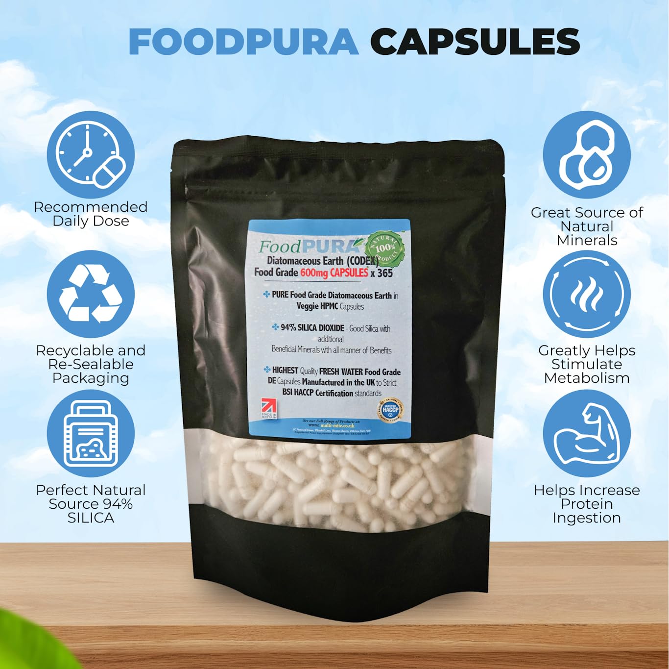 FoodPURA Food Grade Diatomaceous Earth Capsules (Codex) Pure White 94% Silica Fresh Water Sourced 600mg (365)