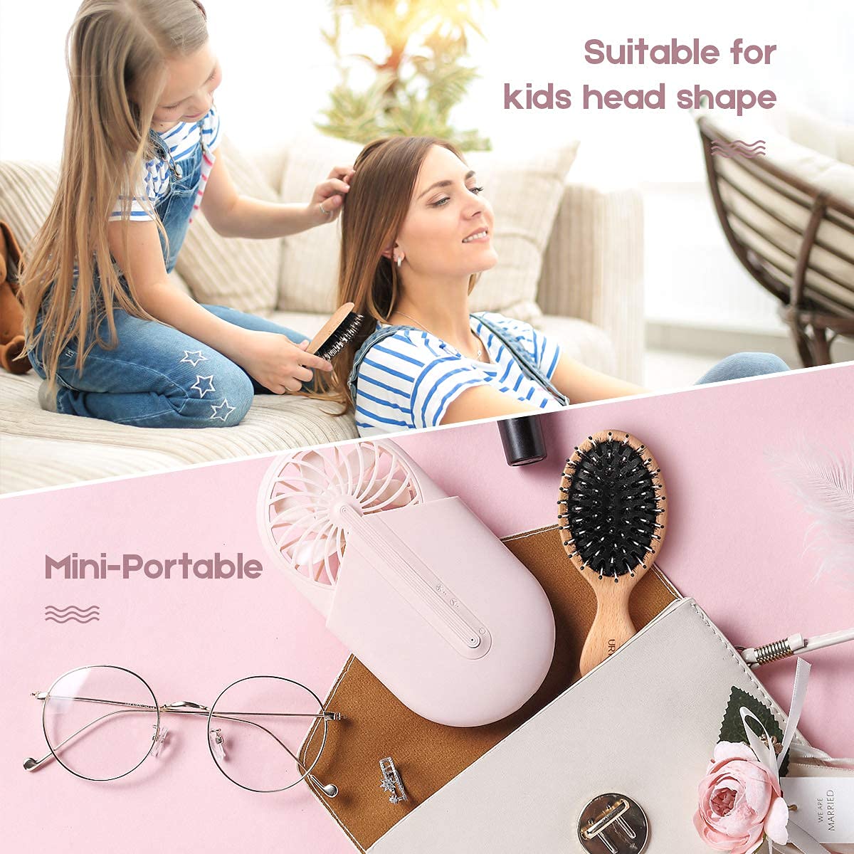 URTHEONE 2Pcs Travel/Mini Hair Brush Boar Bristle Hairbrush for Girls Boys Kids Women Men,Detangling Brush for Thick Curly Thin Long Short Dry Hair