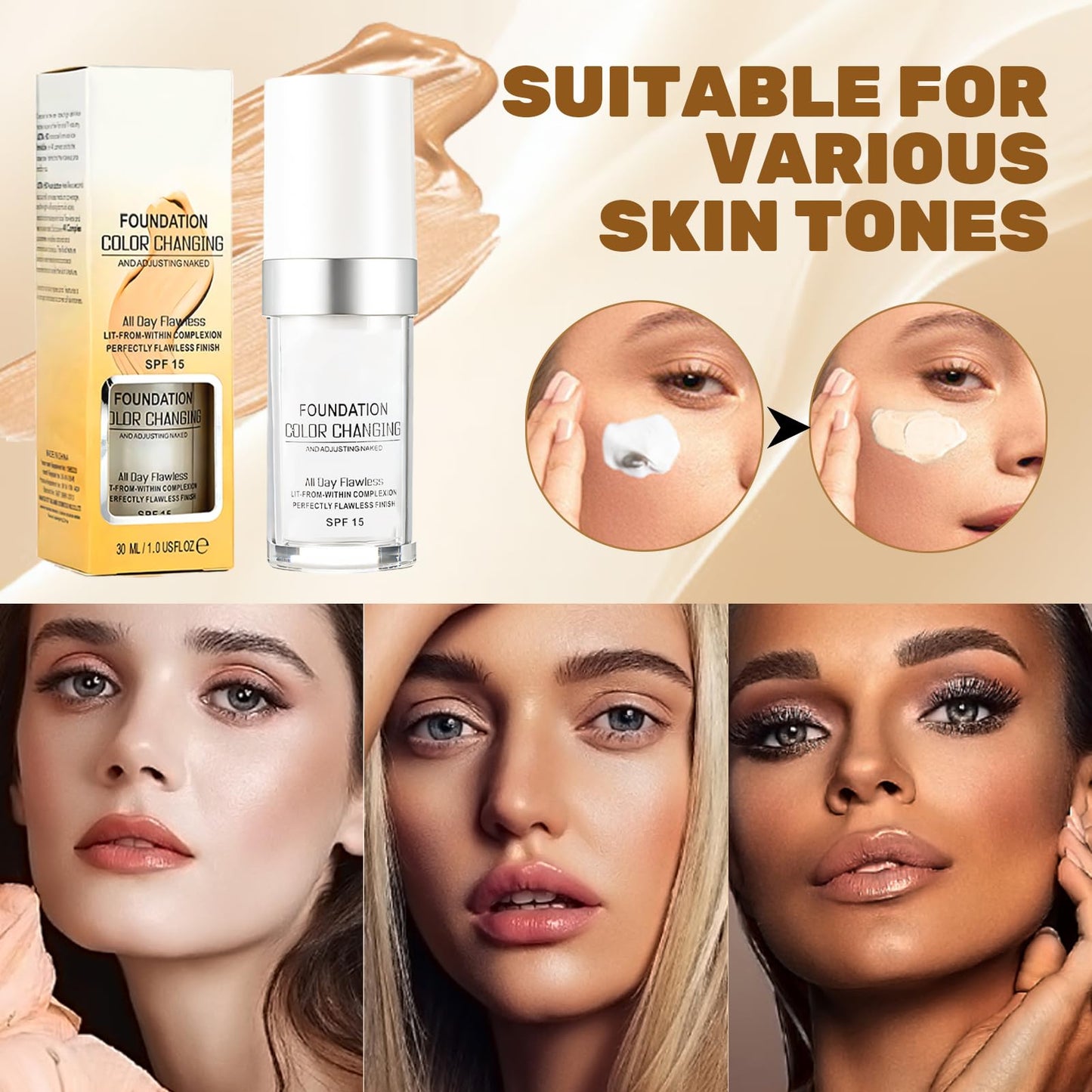 Allony Colour Changing Mature Skin Foundation, Skin Temperature Changing Liquid Foundation, Colour Changing Foundation for Mature Skin, Hydrating, Long Lasting Waterproof Make up Foundations