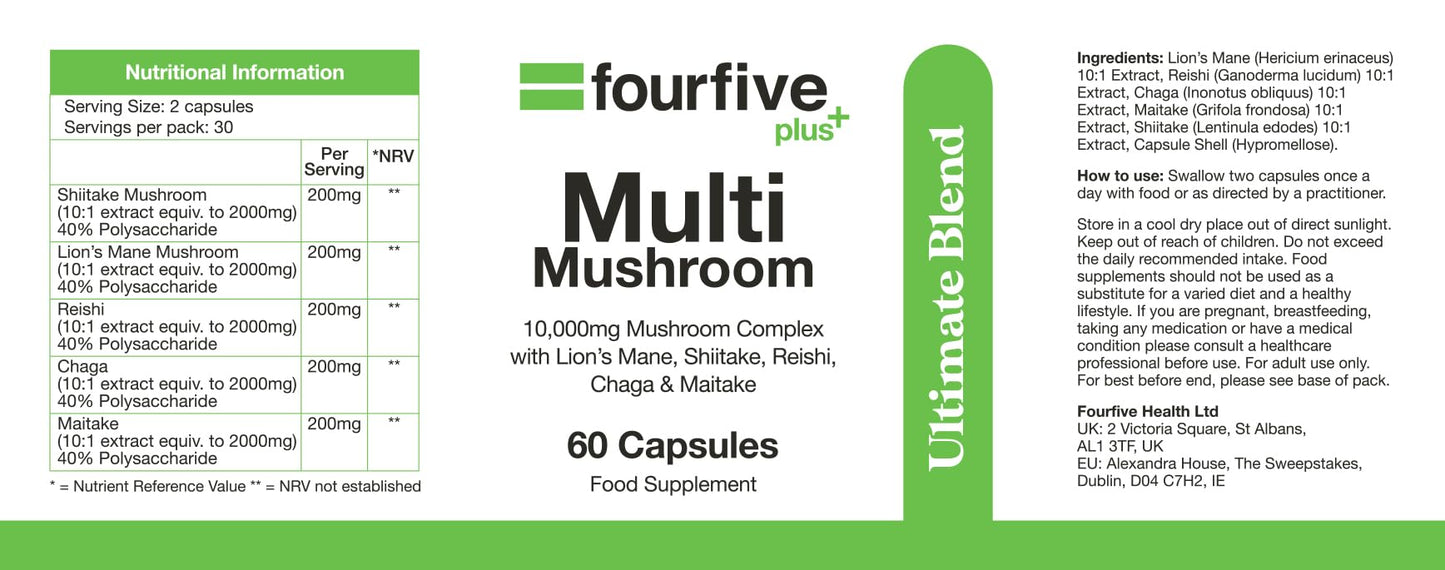 fourfive Multi Mushroom Supplement (10000mg) Ultimate Blend with Reishi, Lion's Mane, Chaga, Maitake & Shiitake, Optimum Daily Dose - 60 Capsules