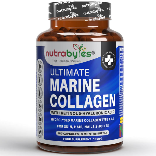 NUTRABYTES Marine Collagen Capsules with Hyaluronic Acid and Vitamin C 1200mg | 180 Capsules - 3 Months Supply | Hydrolysed Marine Collagen Supplement for Women and Men | Hair Skin Nails Joints | Made in UK