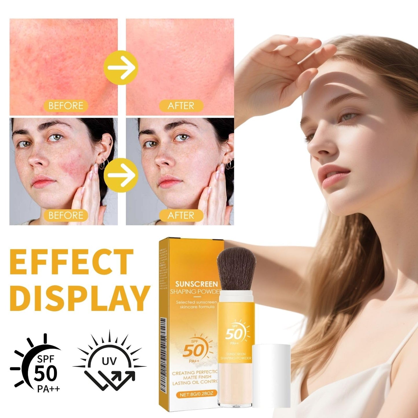 Cureluxe Mineral Powder Sunscreen Brush,SPF 50 Powder Sunscreen for Face,Over Makeup Sun Protection Brush,Lightweight Setting Powder for Face ,Non-Greasy Travel Size