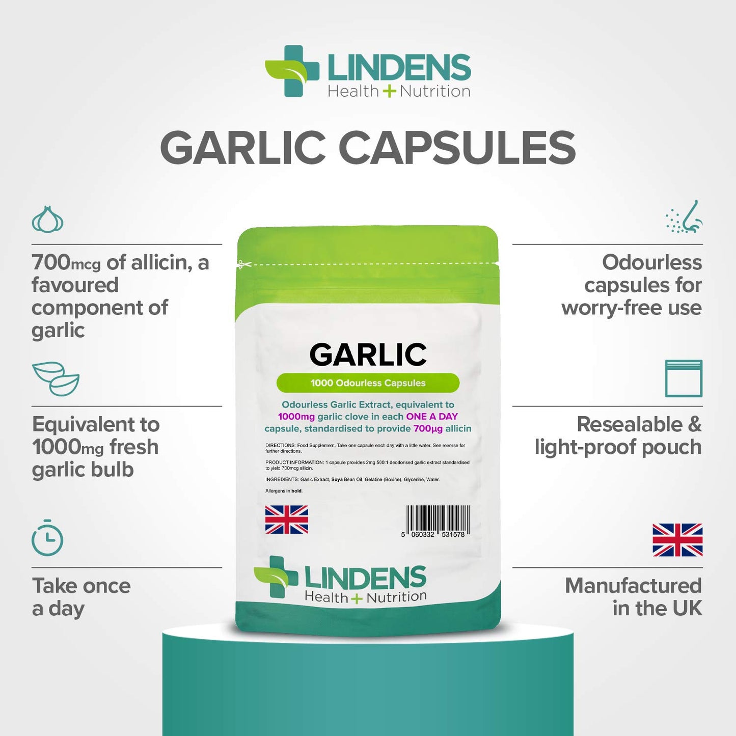 Lindens Garlic Odourless Capsules - 1000mg (700mcg Allicin) - 1000 Capsules 1000 Days’ Supply - UK Manufacturer, Letterbox Friendly