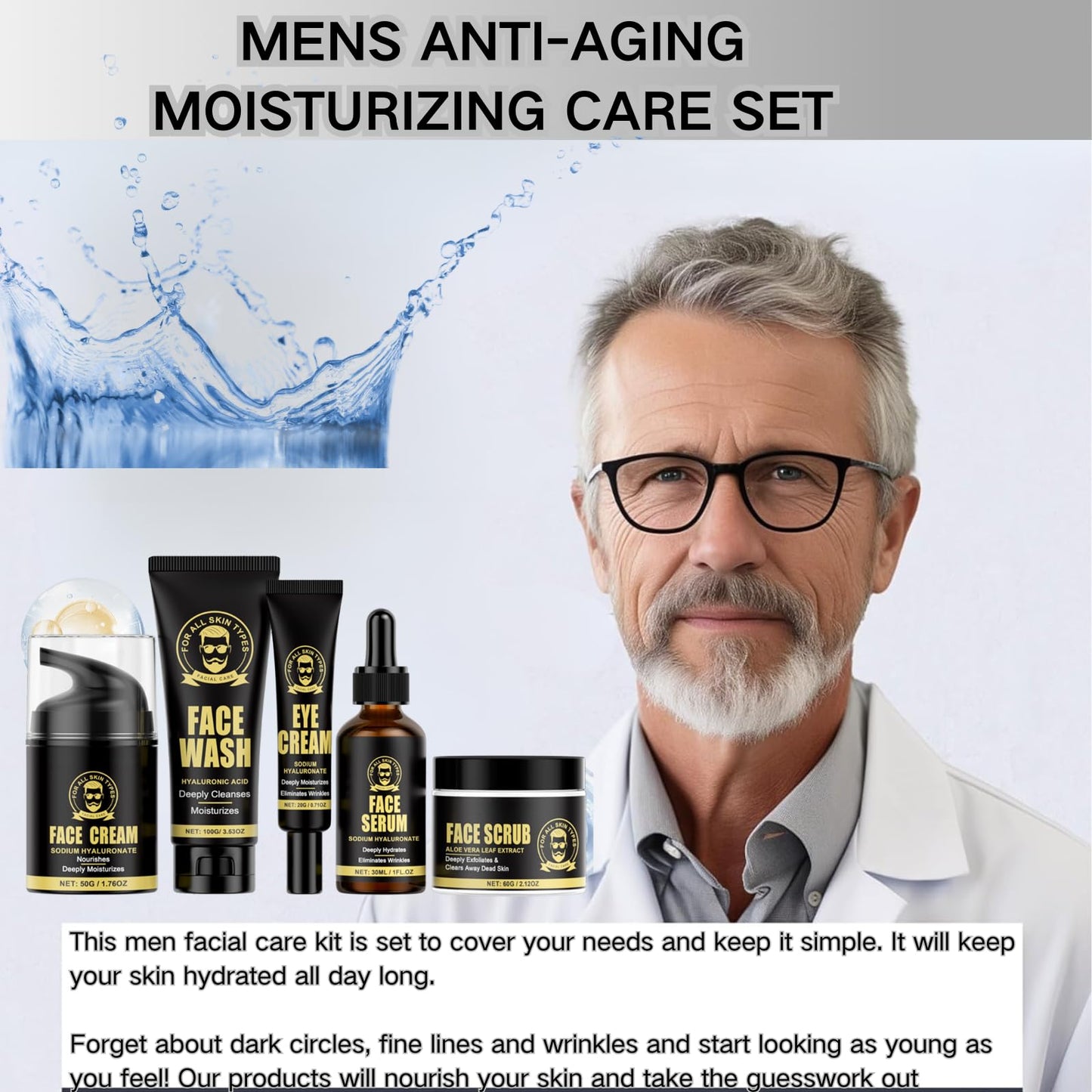 TBeautfave 5PCS Men's Anti-Aging Care Set - Mens Skin Care Sets & Kits - Mens Face Cream, Face Wash & Scrub, Eye Cream, Anti Wrinkle Serum- Gifts for Men -Moisturiser For Men Day & Night