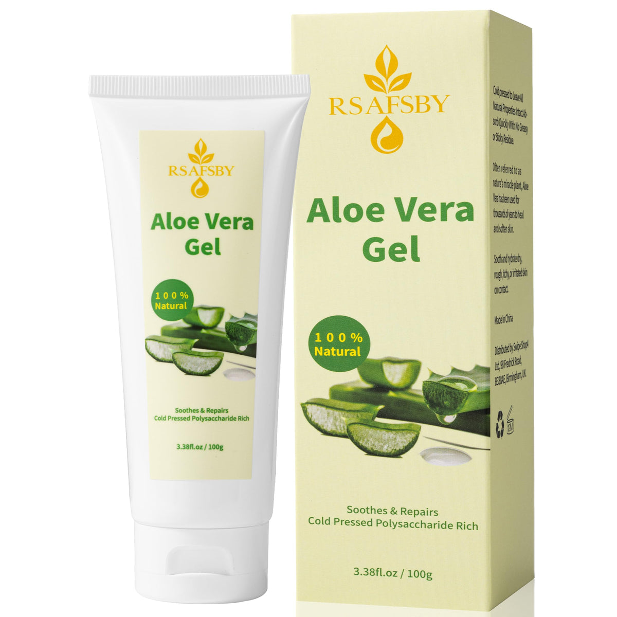 RSAFSBY 100% Natural Aloe Vera Gel for Face, Body & Hair - 100g Cold Pressed - Soothing, Hydrating & Repairing - Relieves Dry Skin, Sunburn, Blemishes & Itchy