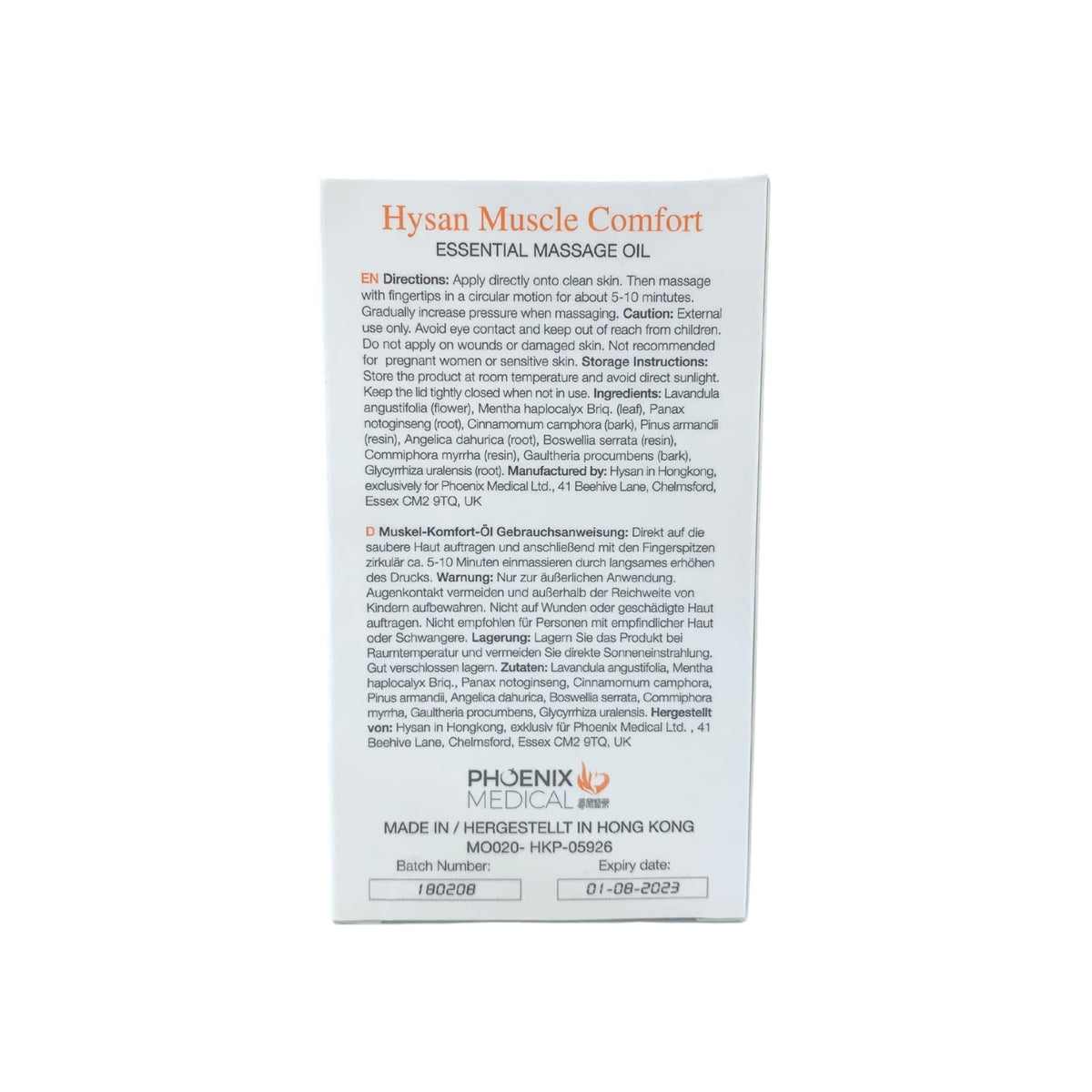 Phoenix Medical Hysan Muscle Comfort Essential Massage Oil, 100% Licensed Natural Massage Oil Herbal Ingredients: Trusted & Approved Formula, Sore Muscles, Aches, Pains & Tissue Repair - 50ml